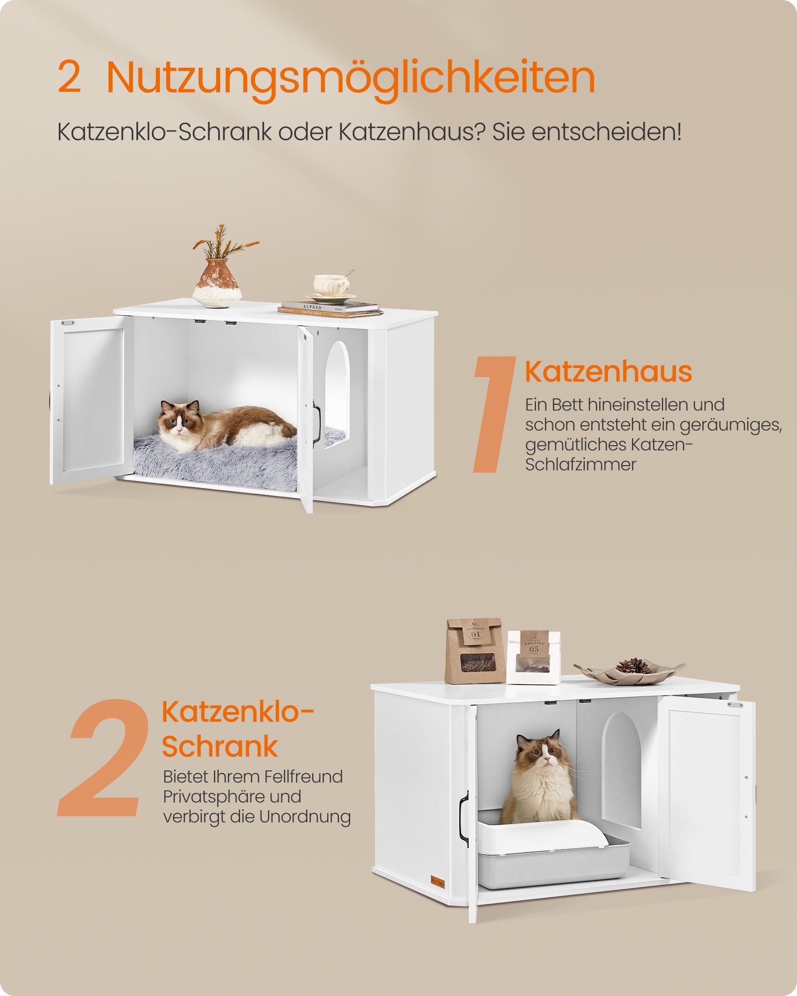 FEANDREA Katzentoilette Katzenklo-Schrank modern, Vordereingang, mit Doppeltür und Griffen, 85 x 48,5 x 50 cm