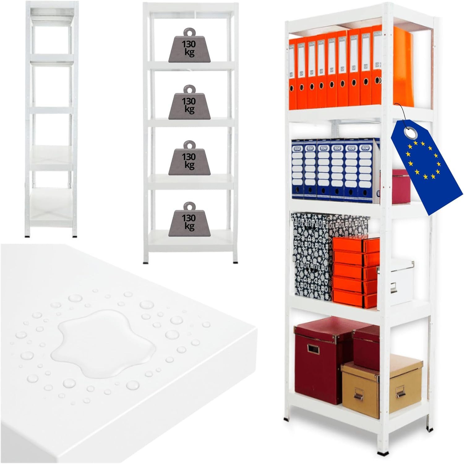 Modo24 Schwerlastregal Metall Elara, 5 Breiten, 3 Farben, 5 Böden je 130 kg Traglast, Lagerregal Stecksystem ohne Schrauben, Steckregal Werkstattregal
