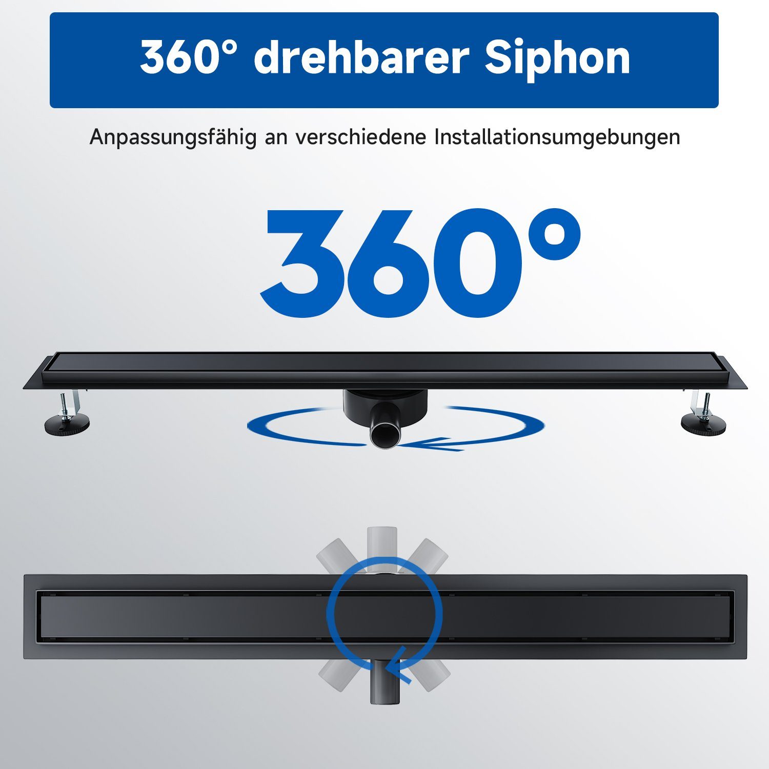 SONNI Duschrinne Edelstahl Duschrinne 50-110 cm 360° verstellbarer Bodenablauf Flach, mit Geruchsstop und Haarsieb Randablauf,mit Bodenbefestigung