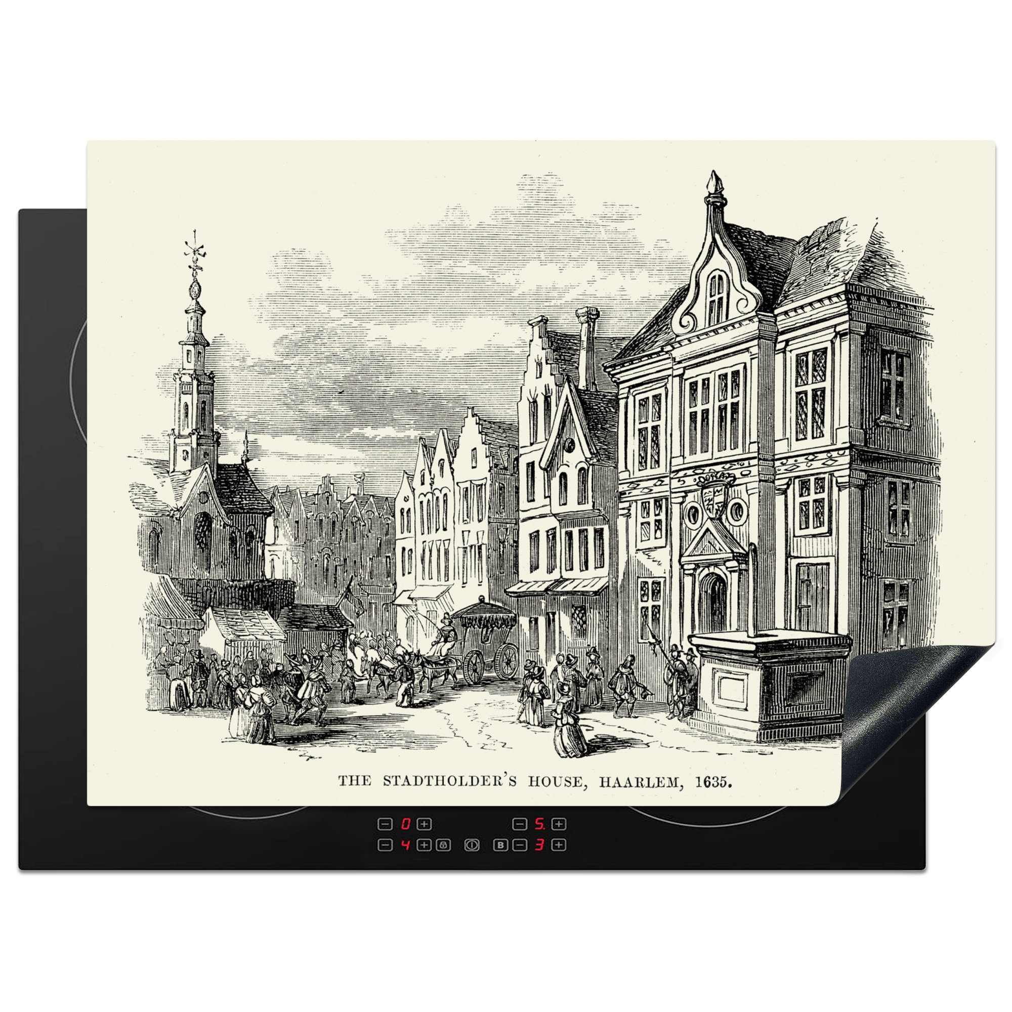 MuchoWow Herdblende-/Abdeckplatte Illustration des Haarlemer Rathauses in schwarz-weiß, Vinyl, (1 tlg), 70x52 cm, Mobile Arbeitsfläche nutzbar, Ceranfeldabdeckung