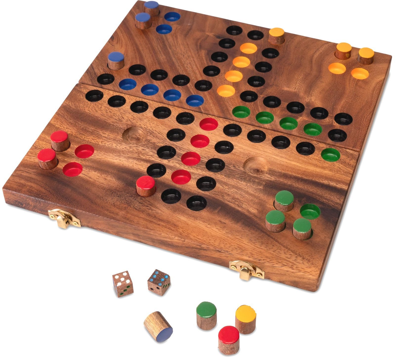 LOGOPLAY Spiel Ludo Gr. L, Gesellschaftsspiel, Ludo L Klappbar mit goldenem Metallverschluss Klassiker aus Holz für