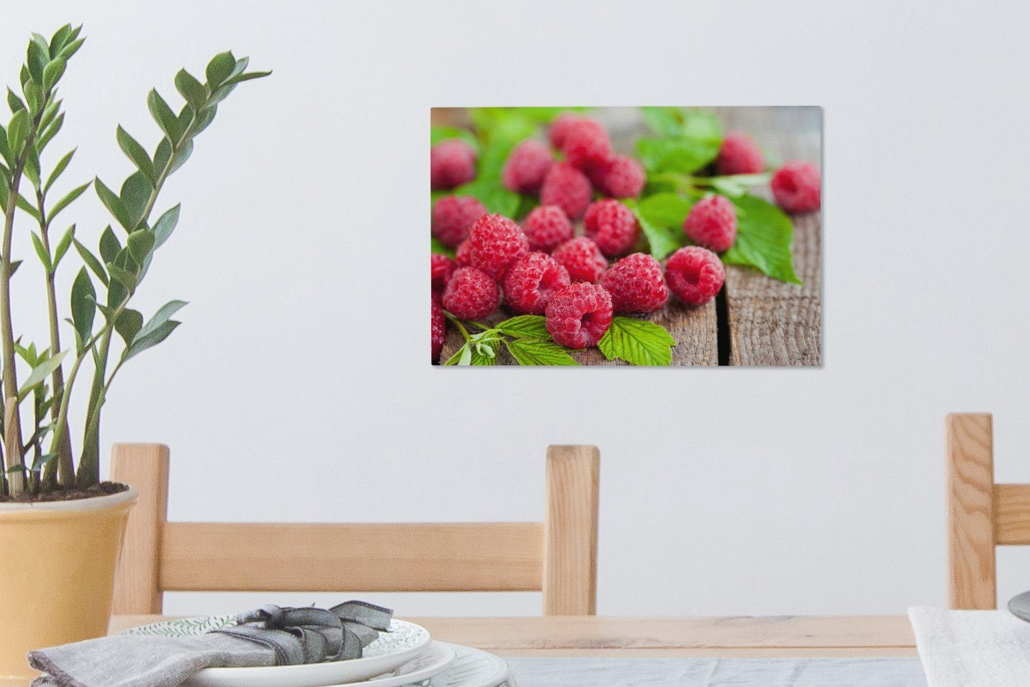 - 30x20 Wanddeko, (1 Wandbild Himbeeren, Holz Leinwandbild St), Aufhängefertig, Leinwandbilder, Obst OneMillionCanvasses® cm -