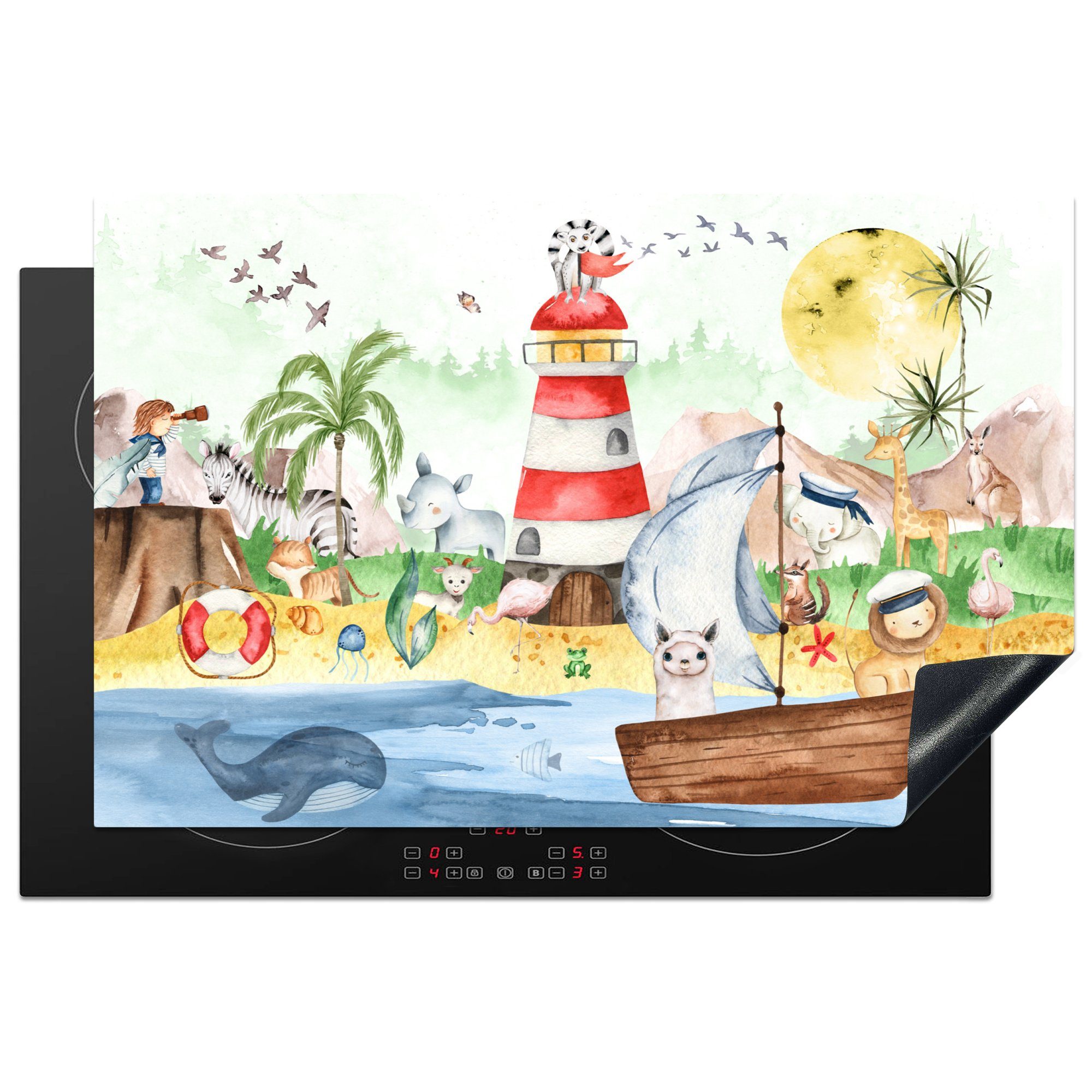 MuchoWow Herdblende-/Abdeckplatte Strand - Tiere - Kinder - Leuchtturm - Jungen, Vinyl, (1 tlg), 81x52 cm, Induktionskochfeld Schutz für die küche, Ceranfeldabdeckung