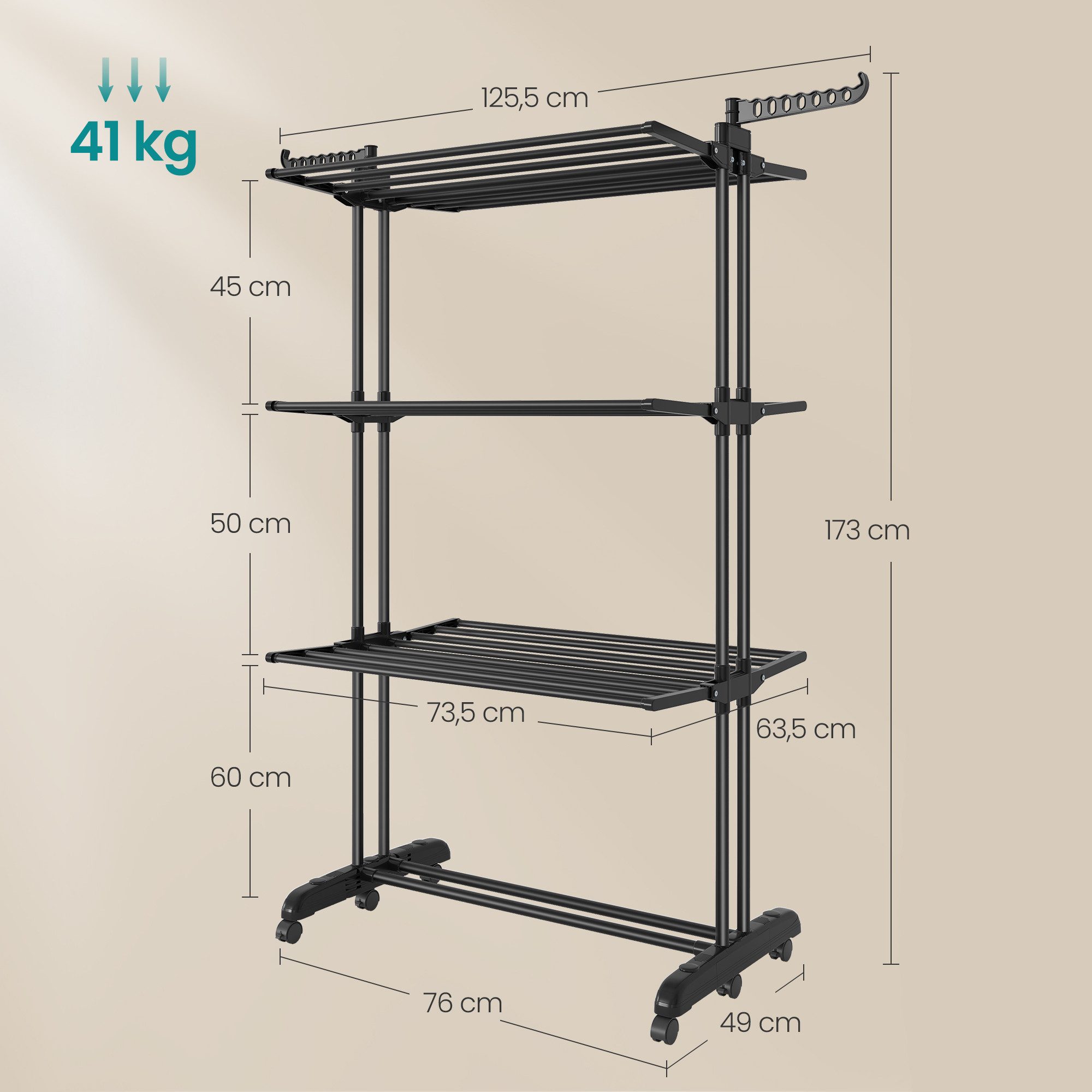 SONGMICS Wäscheständer Turm Standtrockner 4 Ebenen, Flügelwäscheständer, einfacher Aufbau, klappbare Flügel, mit Rollen, 63,5 x 125,5 x 173 cm
