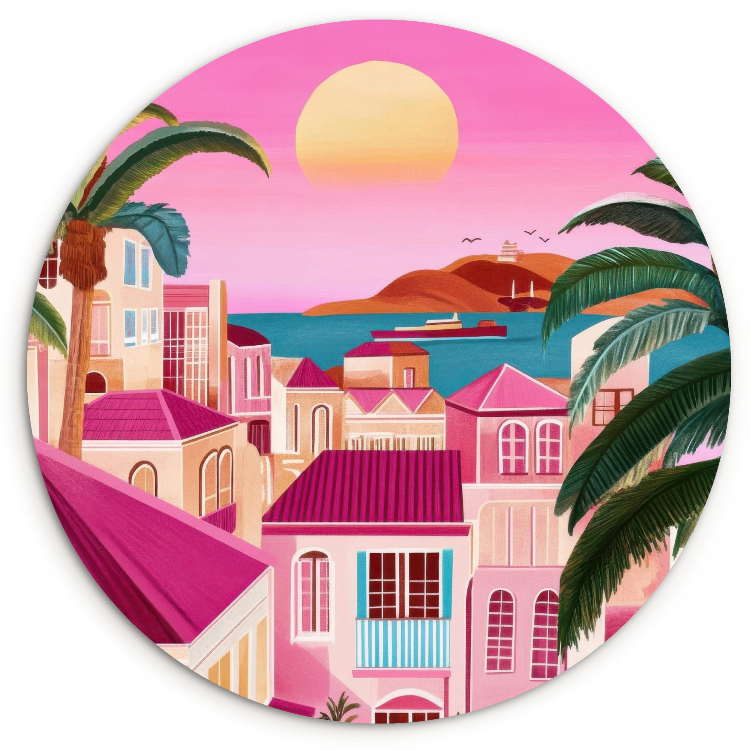 MuchoWow Gemälde Stadt - Rosa - Palmen, Fotodruck (1 St), Kreis Wanddekoration, Rundes Wandbild, 30x30 cm