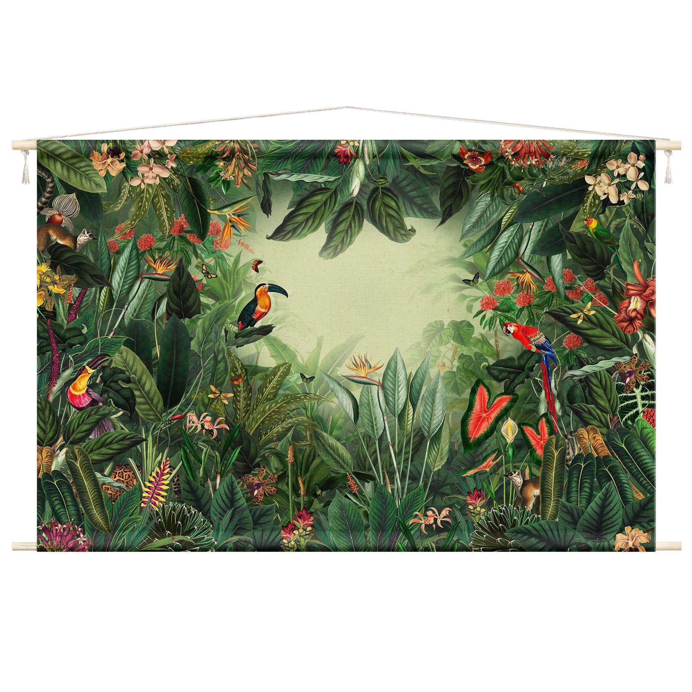 Bilderdepot24 Wandteppich modern Wald Blumen Dschungel Natur Tiere Vögel bunt, rechteckig, Höhe: 2.6 mm, großes Wandbild aus Natur-Baumwolle Wandbehang Stoffbild Tuch Wollseil