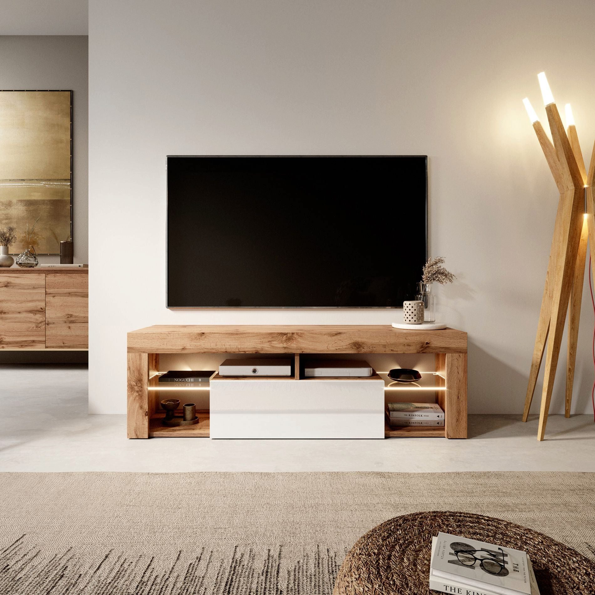 Selsey TV-Schrank BIANKO TV-Lowboard asymmetrisch, 140 cm, mit offenen Fächern & Klappen