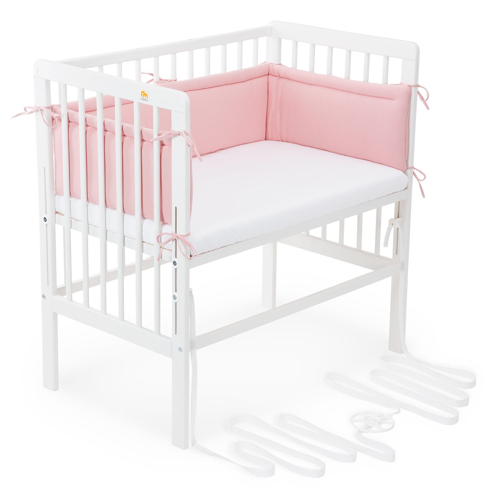 FabiMax Beistellbett Babybett Boxspring weiß lackiert, 90 x 55 cm Liegefläche, aus Buchenholz, Stufenlos höhenverstellbar 40-73 cm, Holz-Lattenrost