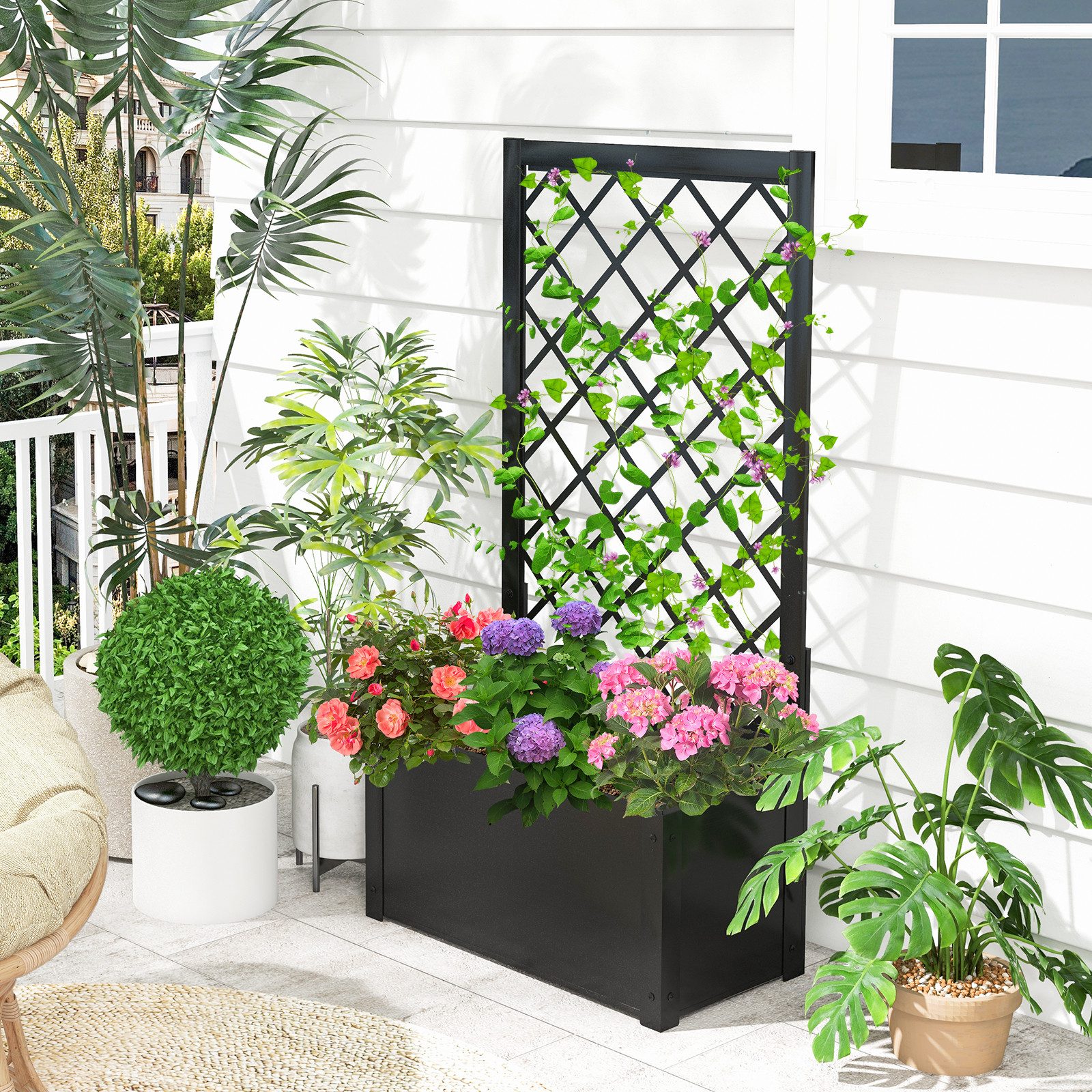 COSTWAY Blumenkasten (1 St), Hochbeet, mit Rankgitter, für Kletterpflanzen, 63x31x112cm