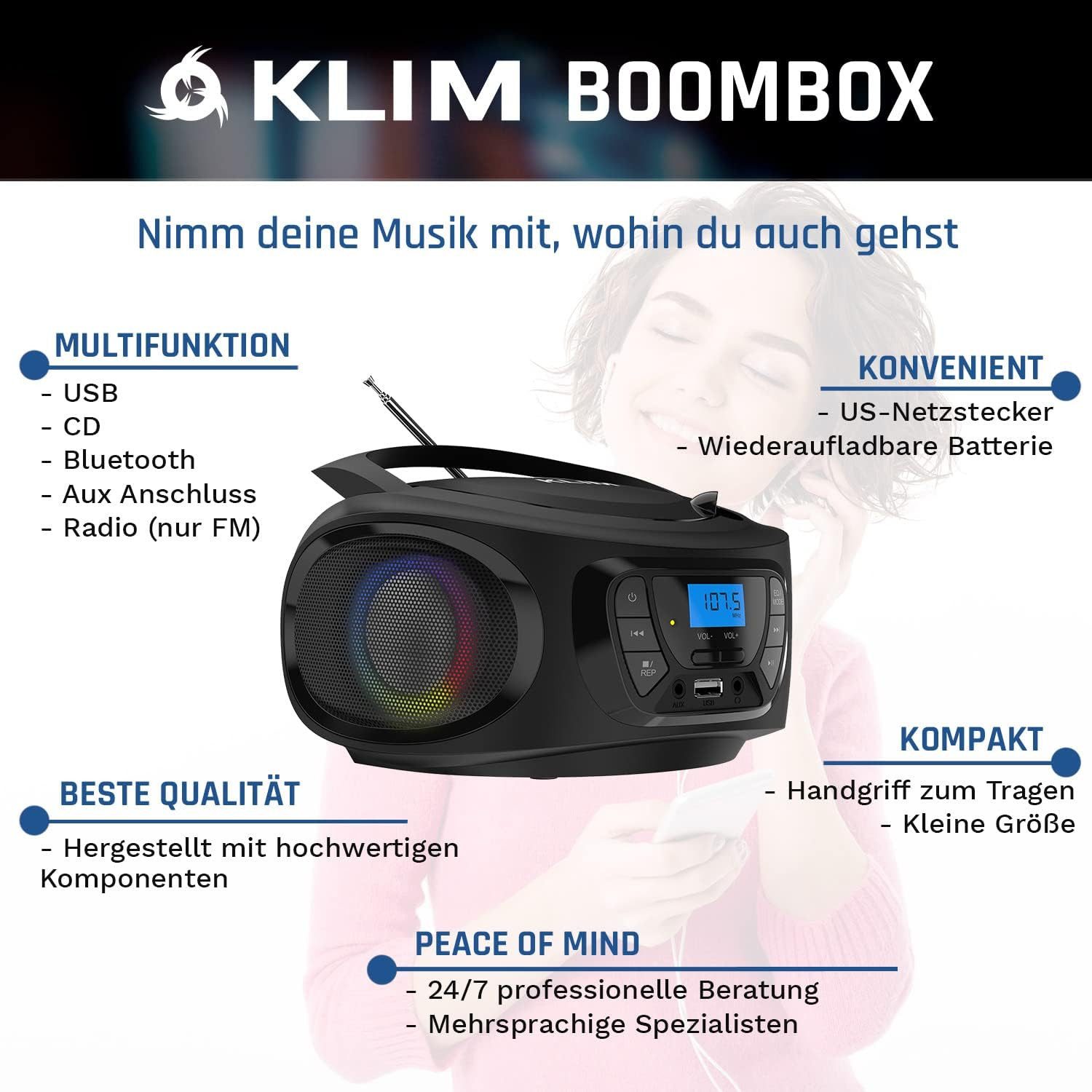 KLIM Boombox V1 Boombox (AM/FM, Radio mit CD Player, FM-Radio, CD Player, Bluetooth, MP3, USB, AUX)