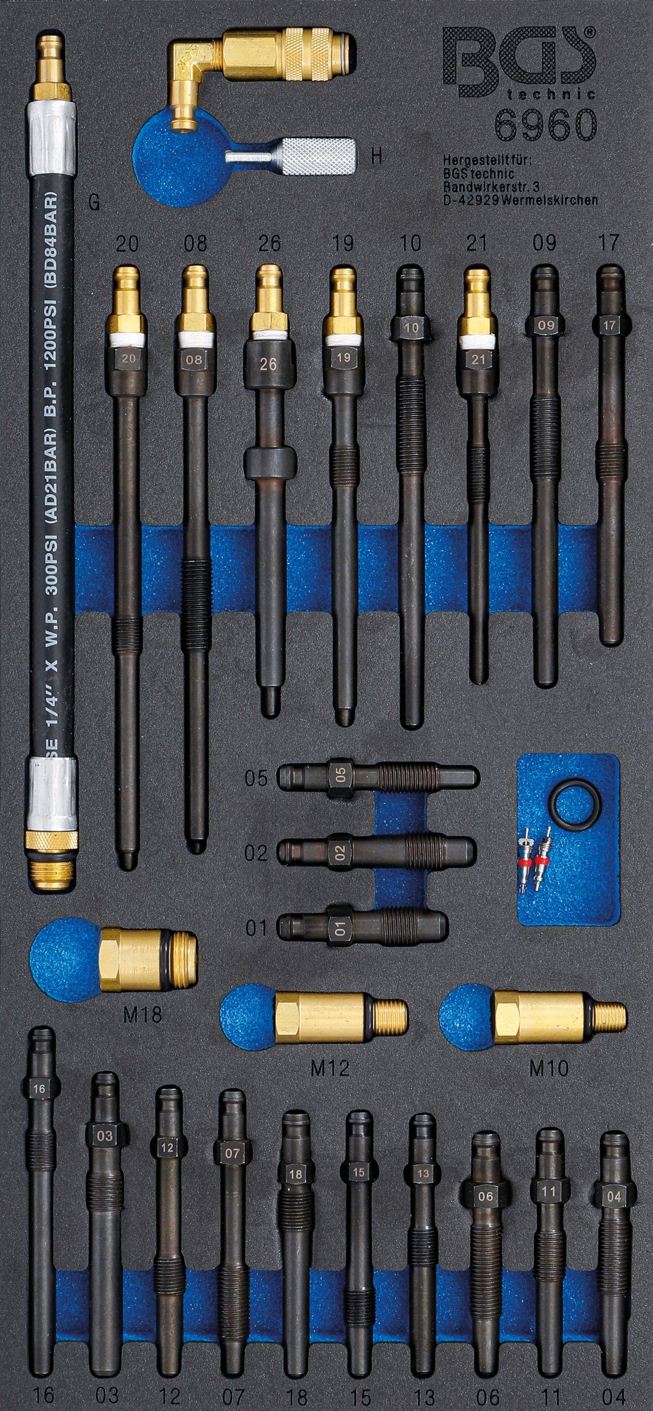 und Werkstattwageneinlage BGS Druckverlusttester, 1/3 30-tlg., Werkzeugset für Kompressions- Adapter