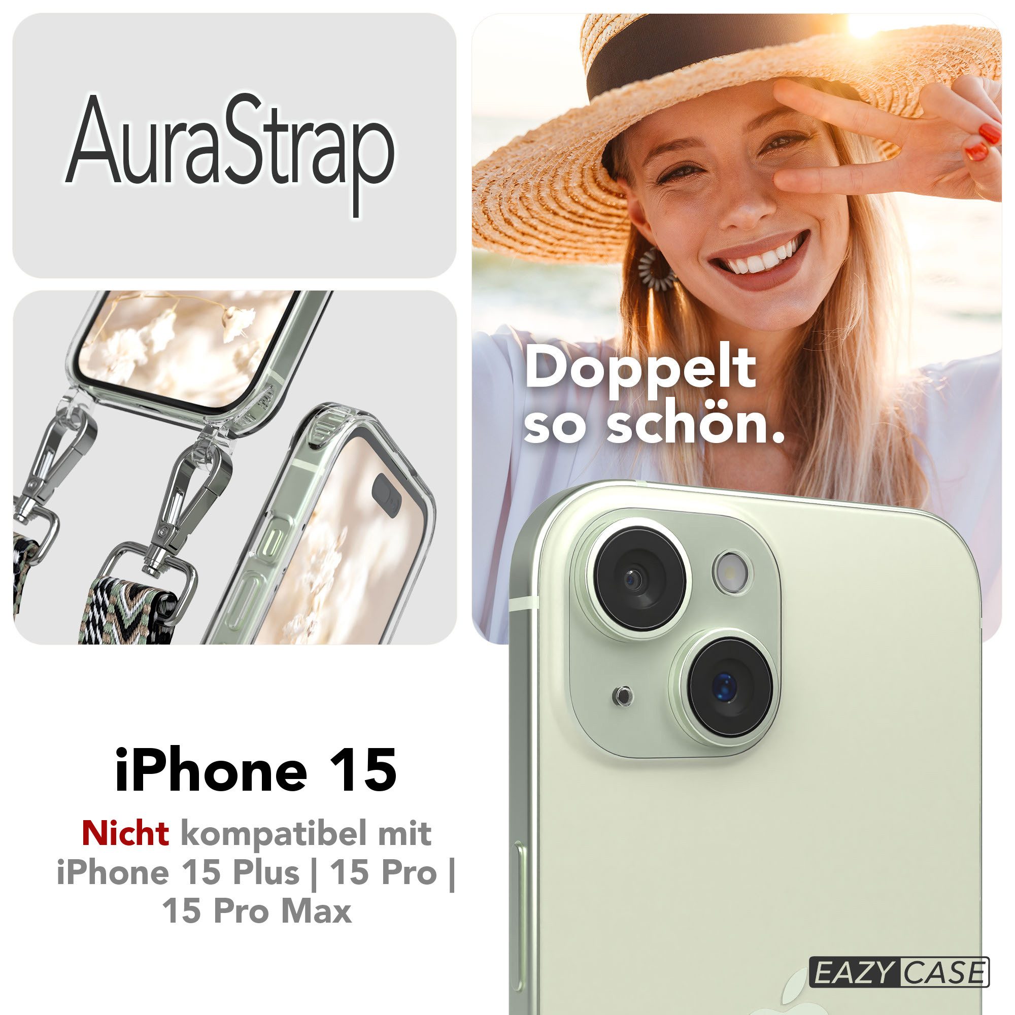 EAZY CASE Handykette Umhängeband MagSafe Hülle für Apple iPhone 15 6,1 Zoll, Verstellbarer DIY Trageriemen Case transparent Qi Gürteltasche Grün