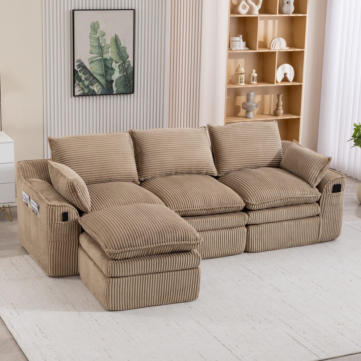 ANYSUN 2-Sitzer Ecksofa,Modulares 3-Sitzer Cordsofa, 3‑lagiger Schaumstoff + Federkern für schnelle Rückfederung., Mit Kissen 2 Seitentaschen, Ideal für Wohnzimmer, Büro und mehr.