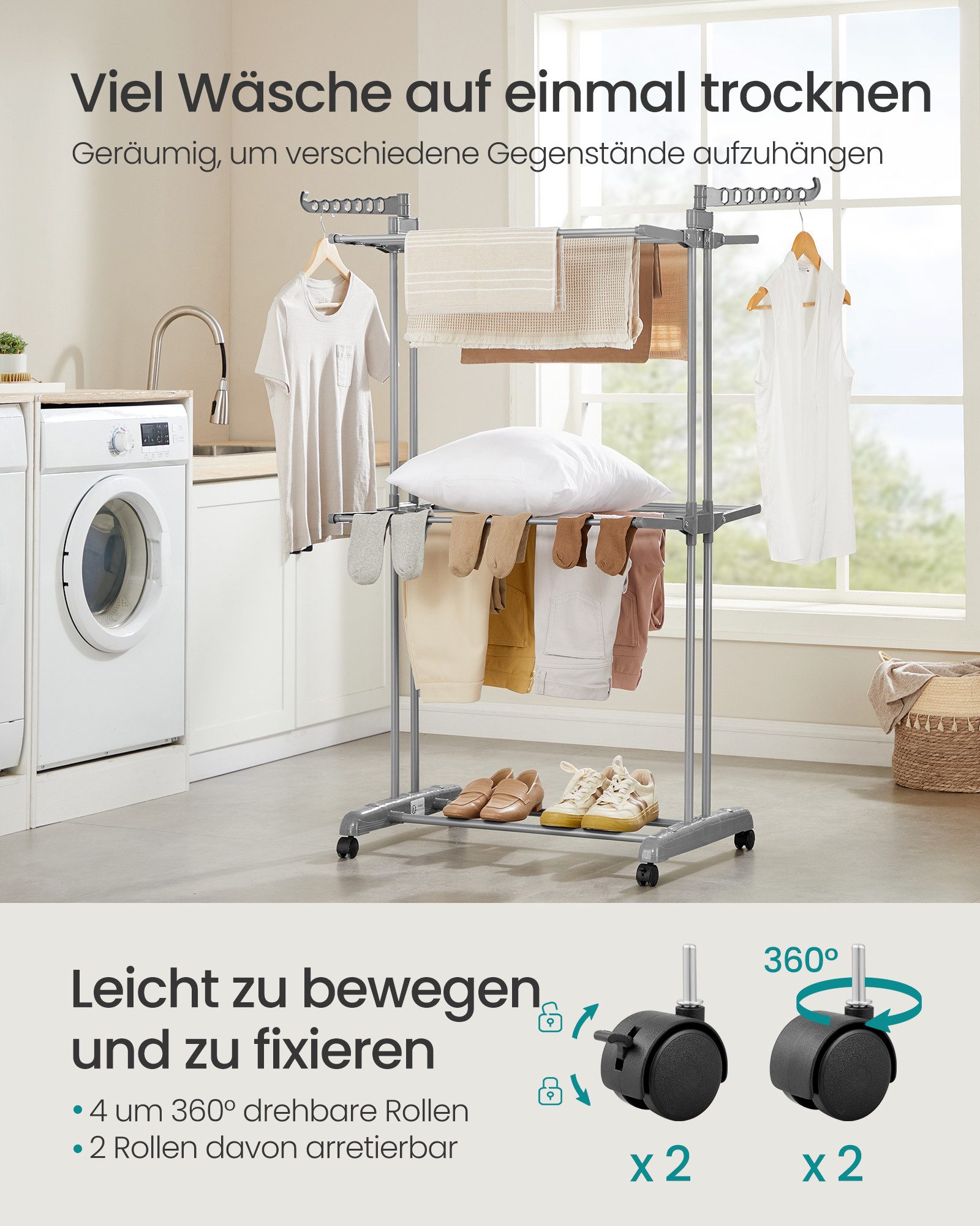 SONGMICS Wäscheständer Standtrockner 4 Ebenen, Flügelwäscheständer, groß, einfacher Aufbau, klappbare Flügel, mit Rollen, 63,5 x 128 x 148 cm