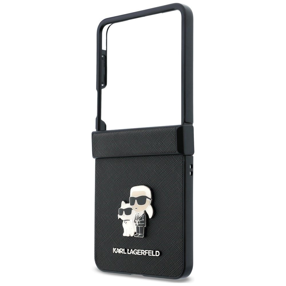 KARL LAGERFELD Handyhülle Galaxy Z Flip 8 Case Saffiano Kunstleder schwarz Logo Metall 6,9 Zoll, Kantenschutz – Bild 5 von 5