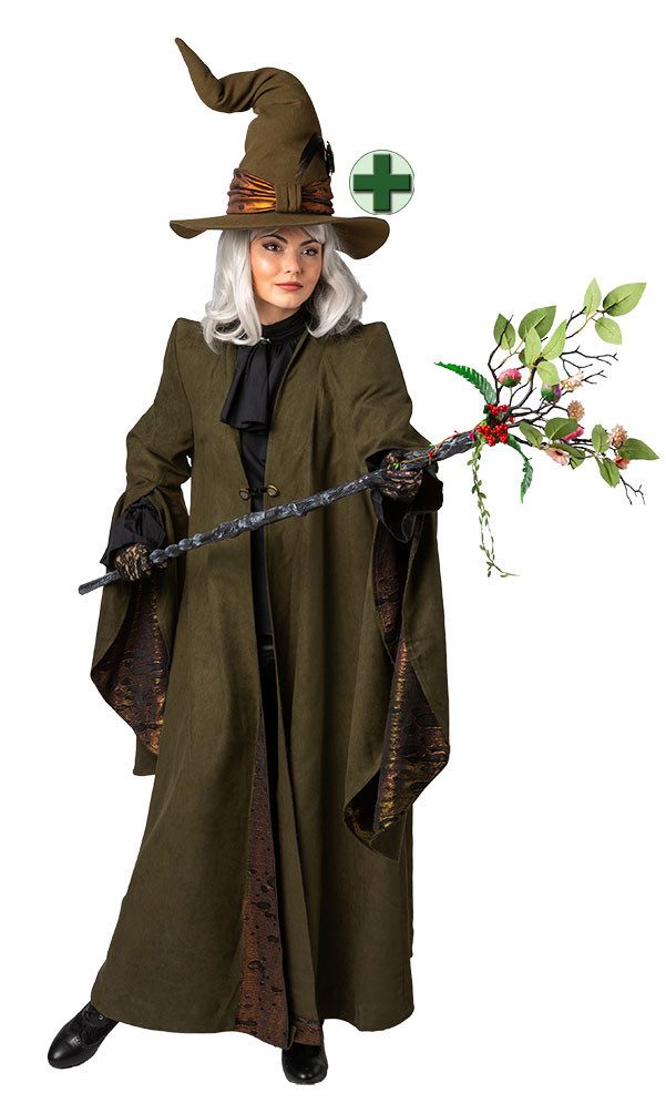 Karneval-Klamotten Zauberer-Kostüm Damen Minerva Professor Mantel lang braun mit Hut, Damenkostüm Frauenkostüm Magier Halloweenmantel Karneval Fasching