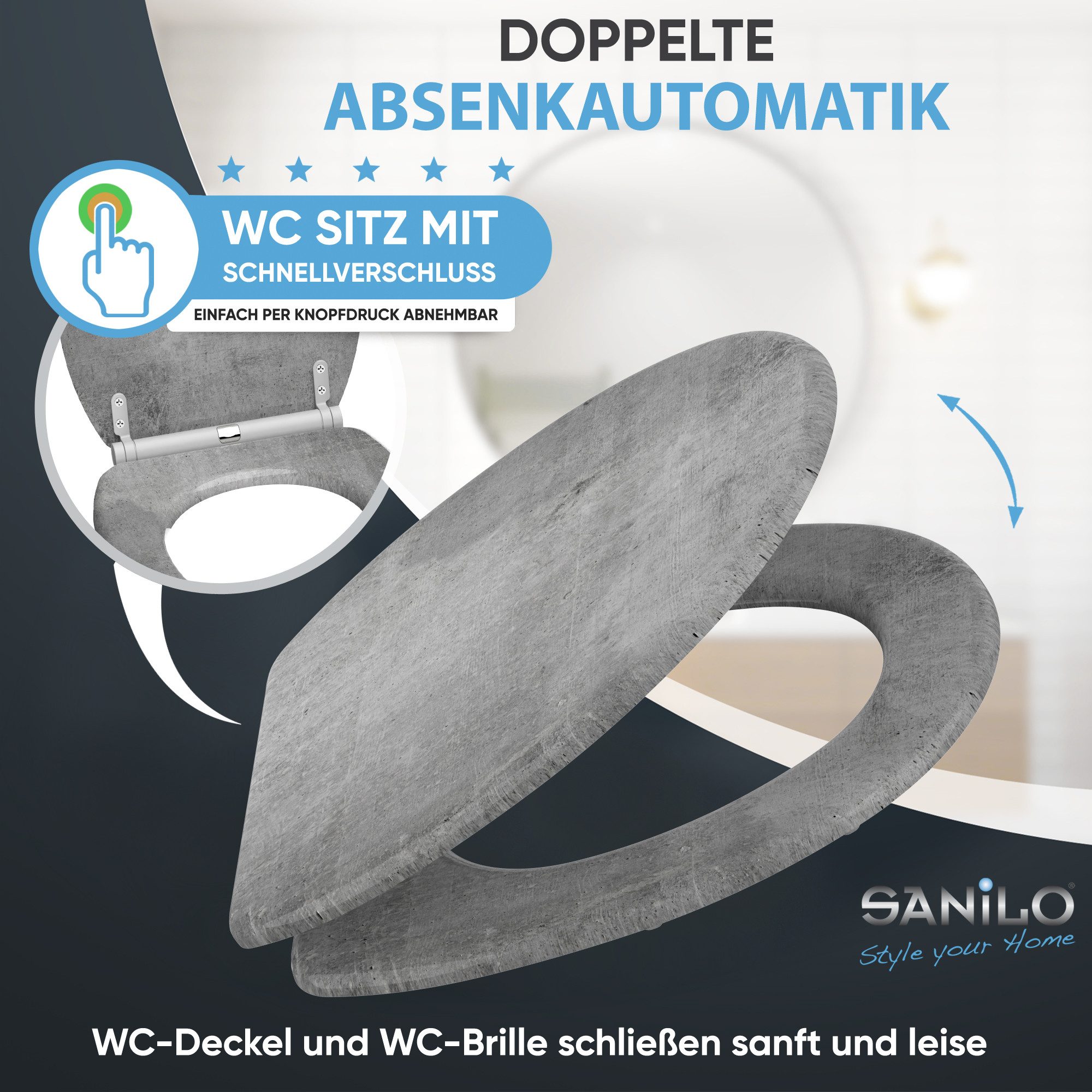 Sanilo WC-Sitz Beton mit Absenkautomatik & Quick Release, Premium Toilettendeckel, abnehmbar, leichte Montage von oben