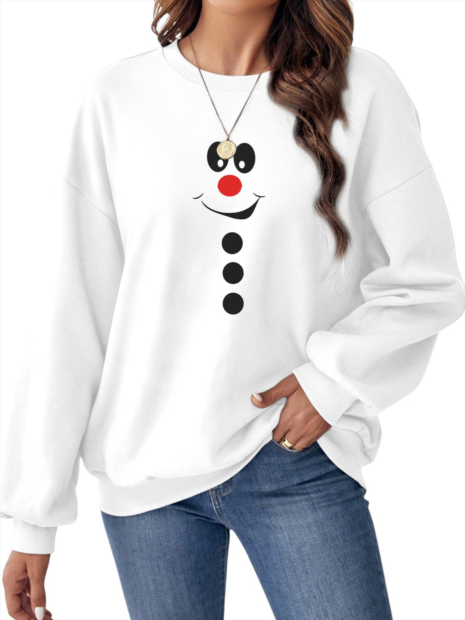 Fleecepullover Damen Rundhals Sweatshirt mit Schneemann Print