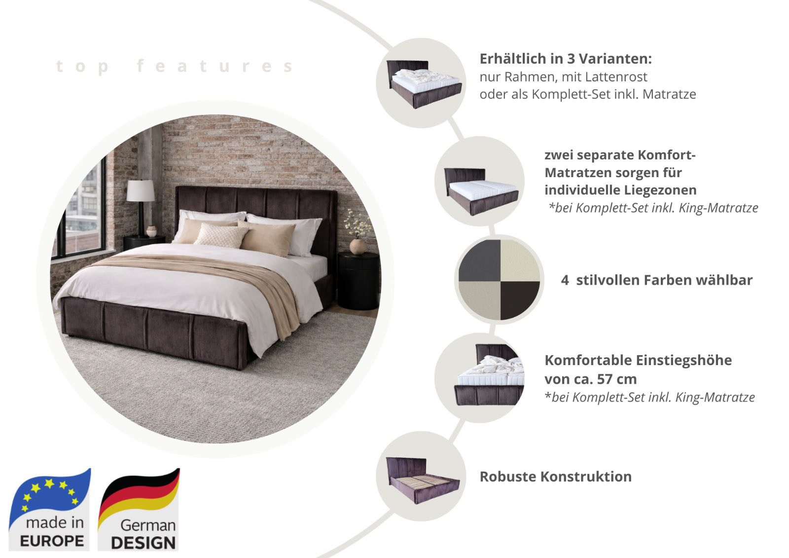 OTTO home Polsterbett EVELLINA in der Größe 180x200 cm, mit flauschigem Stoff bezogen, wahlweise mit Lattenrost und King-Matratze (28cm)