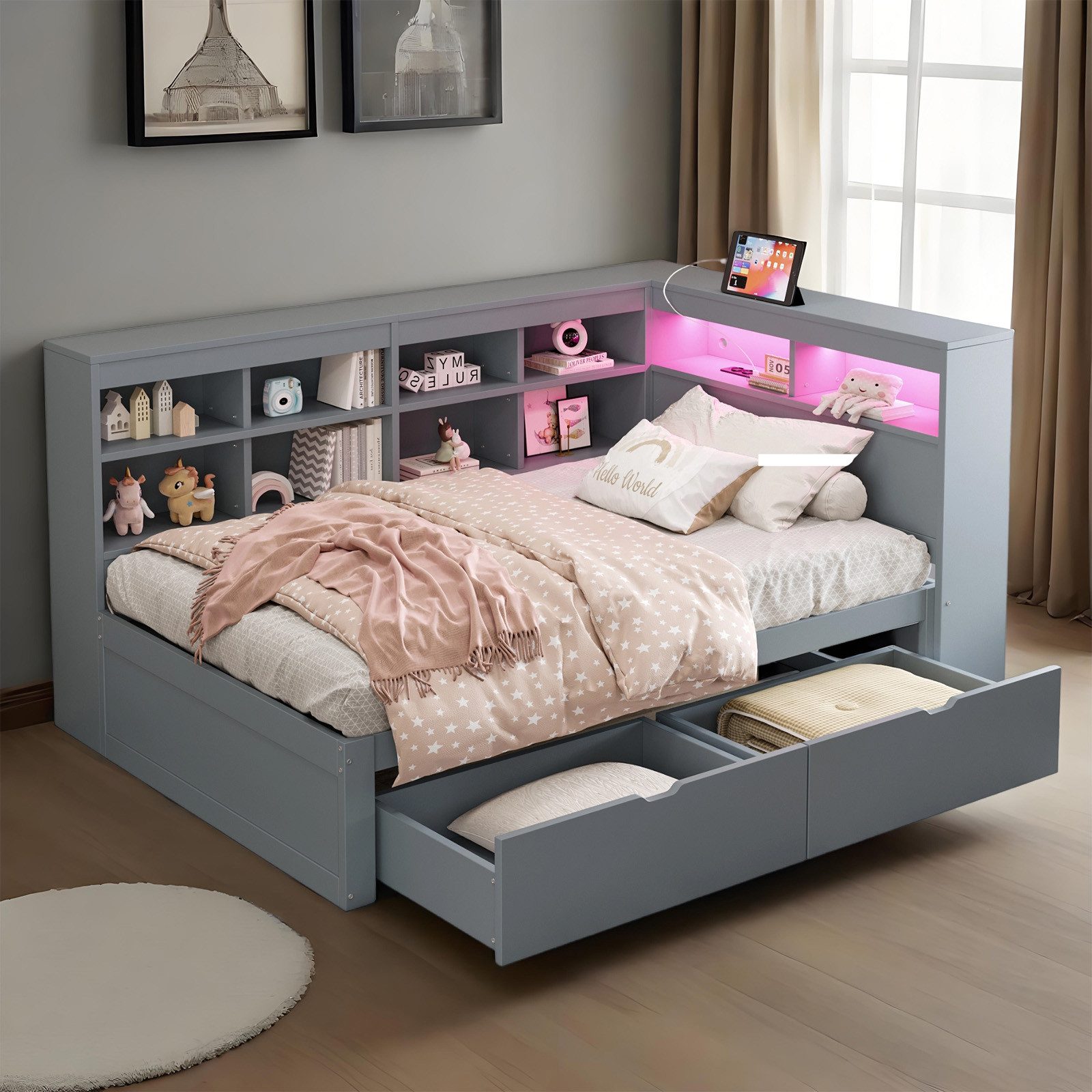 REDOM Stauraumbett Multifunktionales Schlafsofa Daybett Tagesbett Kinderbett (Einzelbett mit Stauraum, USB-Steckdose und LED-Beleuchtung, mit Regalen und Ablagefächern, für moderne Wohnzimmer, 90x200cm), ohne Matratze