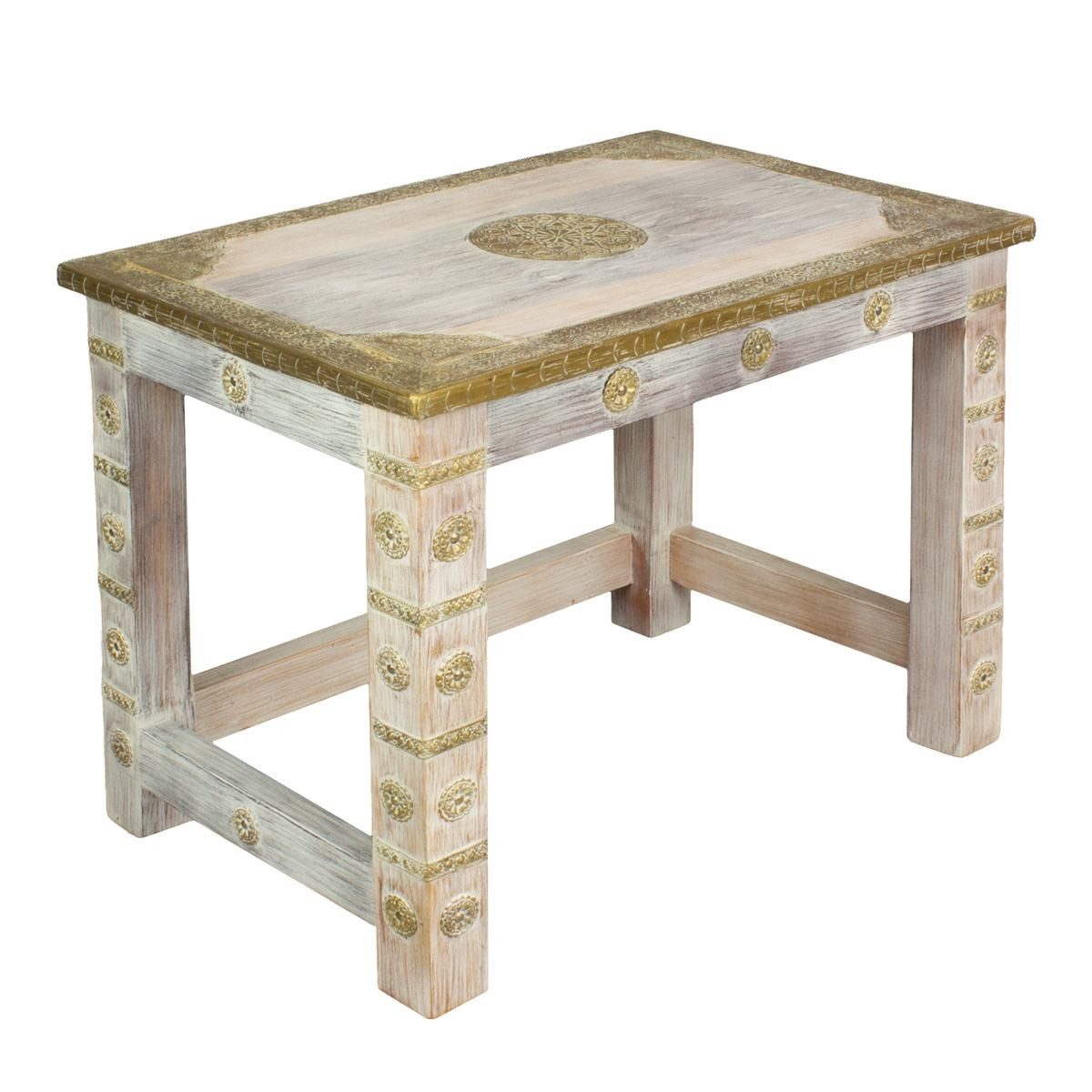 Oriental Galerie Beistelltisch Indischer Hocker mit Messing Weiß Groß, Nachttisch Holz, Beistelltisch, mit Messing Verzierungen