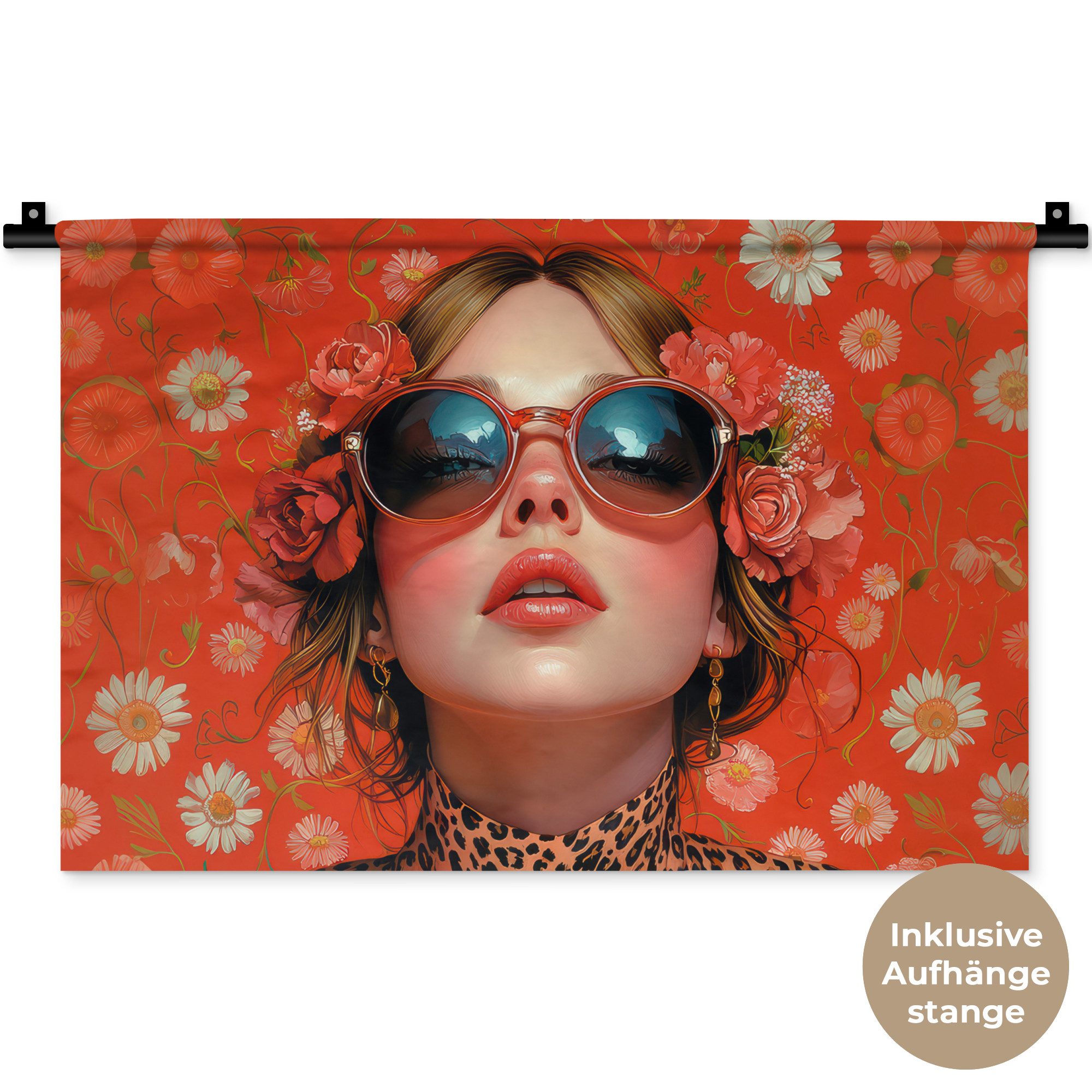 MuchoWow Wandteppich Frau - Bunt - Tiermuster - Blumen, Rechteckig, Höhe: 3 mm, Wandteppich für Wohnzimmer, Schlafzimmer, 60x40 cm