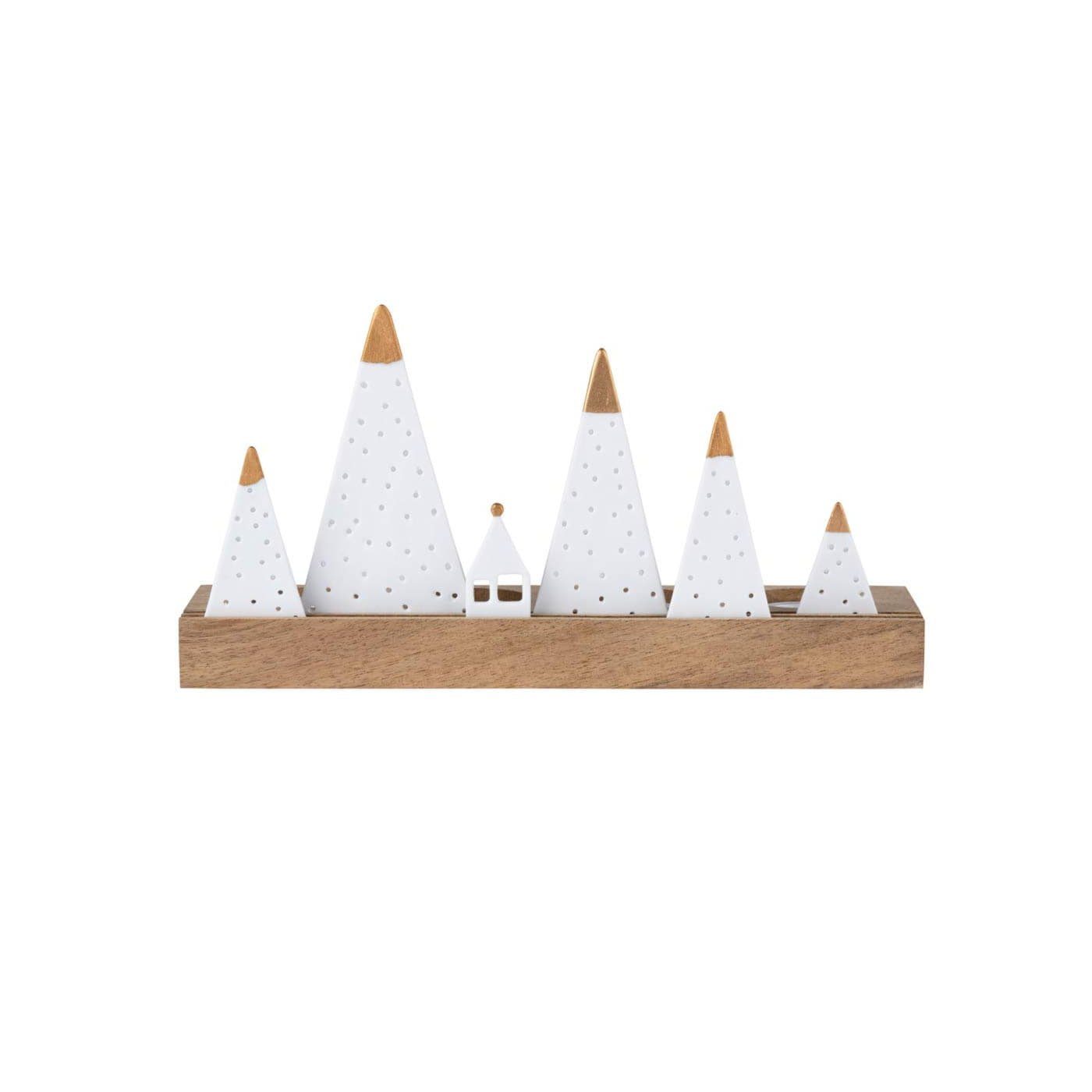 mit Aus Teelichthalter Weihnachts Lichtobjekt und Porzellan Berge, Tablett Design Räder Akazienholz