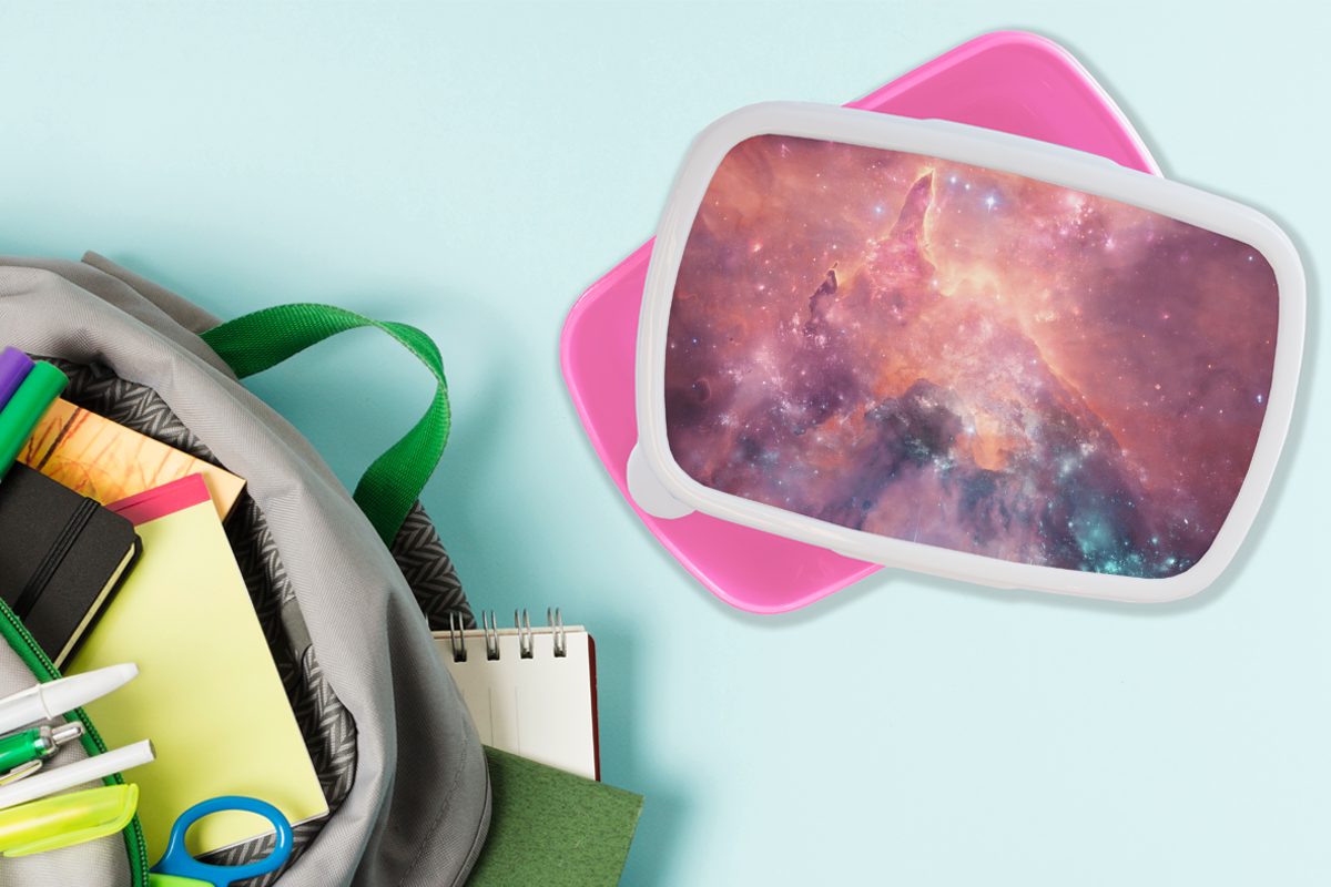 Brotbox Kunststoff Kunststoff, Lunchbox - Mädchen, Erwachsene, (2-tlg), für Snackbox, MuchoWow Weltraum Sterne, Brotdose rosa Kinder, - Orange