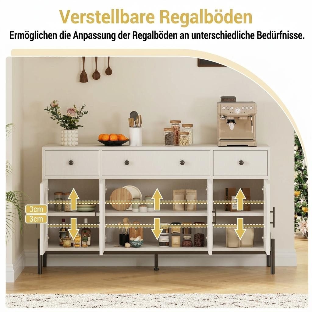 GarveeMore Anrichte Großes 158 cm Sideboard mit Stauraum, Kombikommode, Lowboard, Kommode, Schubkastenkommode mit 3 Schubladen und verstellbaren Einlegeböden