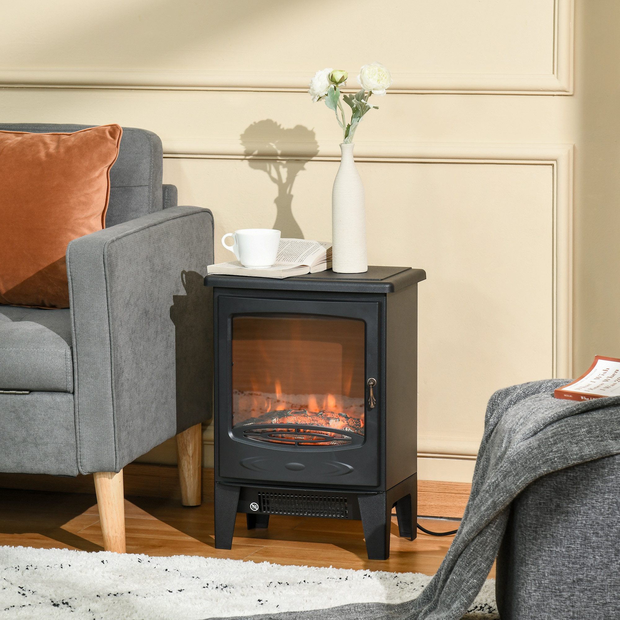 HOMCOM Elektrokamin elektrischer Kamin mit Heizung, Dekokamin, elektrisch Kaminofen, LED Elektrokamin Standkamin mit Flammeneffekt 900,1800W Schwarz