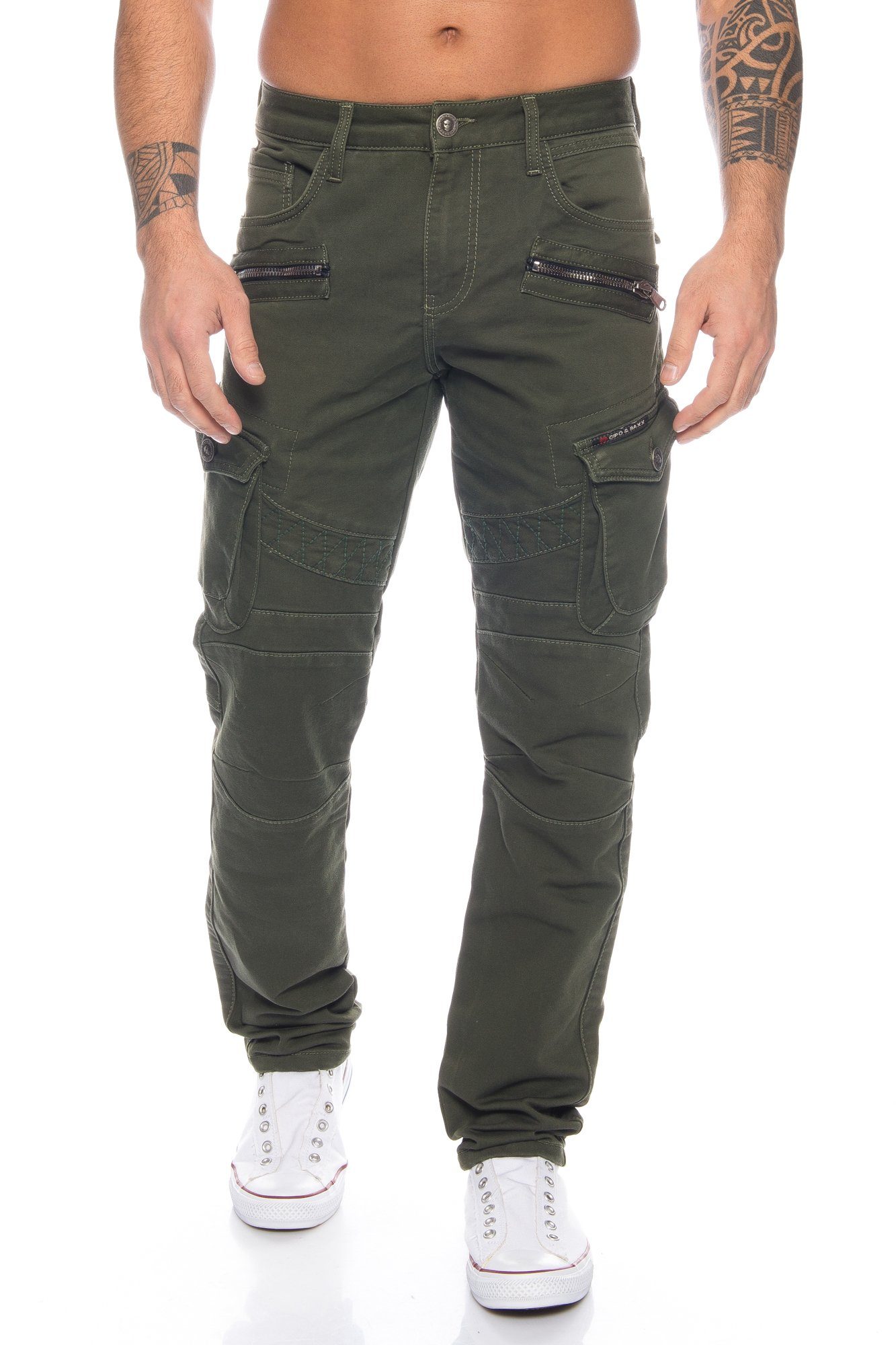 Cipo & Baxx Cargohose Herren Cargo Jeans Hose im modernen Design Schicke Nahtverzierungen Khaki