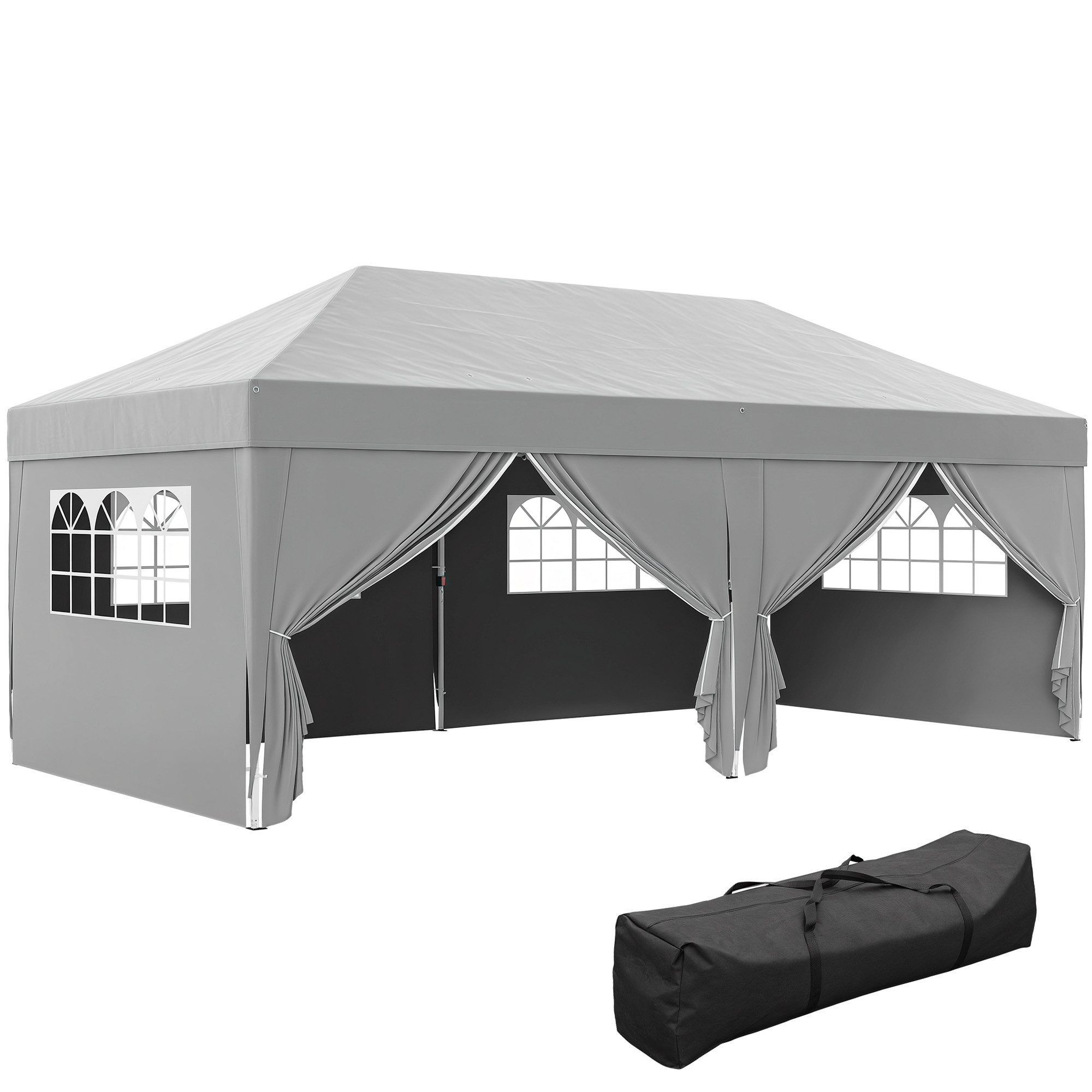 Outsunny Faltpavillon mit Fenster, Reißverschlusstür, Seitenteilen, UV Schutz, mit 6 Seitenteilen, (Pavillon, Faltpavillon), für Camping Garten Festival, Grau