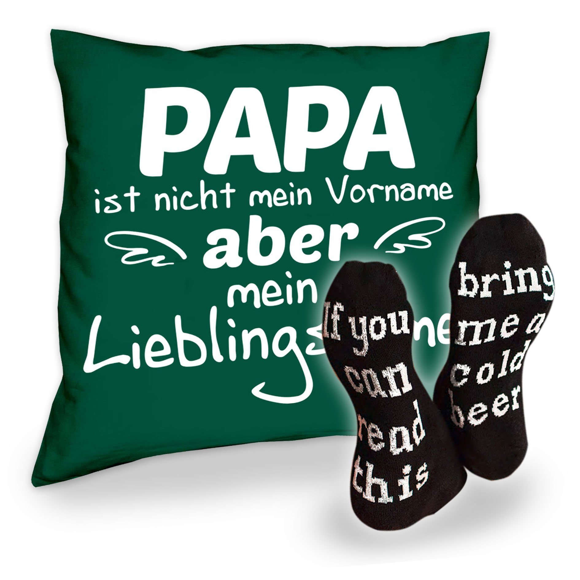 Vatertag Geburtstag dunkelgrün Bier Lieblingsname Dekokissen mit Weihnachten und Soreso® Socken Spruch, Papa Geschenke Kissen