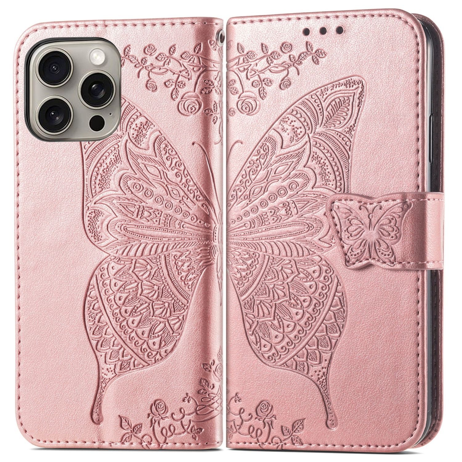 Wigento Smartphone-Hülle Für Apple iPhone 16 Pro Kunstleder Wallet Schmetterling Hülle Rosa, Kunst-Leder Schutzhülle Smart Case Cover magnetischer Verschluss