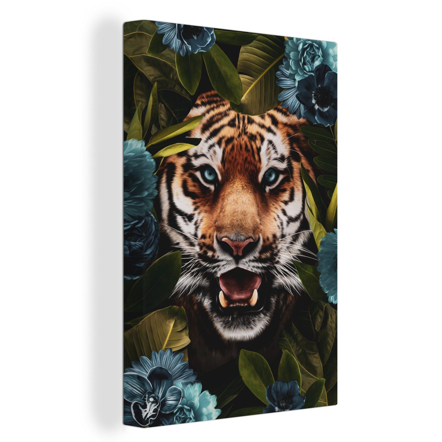 OneMillionCanvasses® Leinwandbild Tiger - Blätter - Blau, (1 St), Leinwandbild fertig bespannt inkl. Zackenaufhänger, Gemälde, 20x30 cm