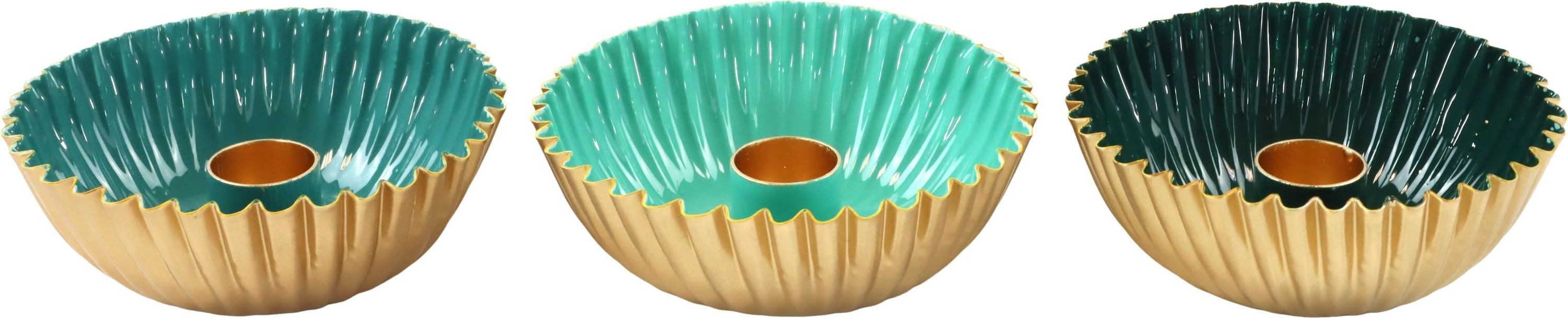 FURNARO Kerzenhalter Emerald (3 St., Set), 3-teilig, grün, Metall, Ø10 x 4,5 cm
