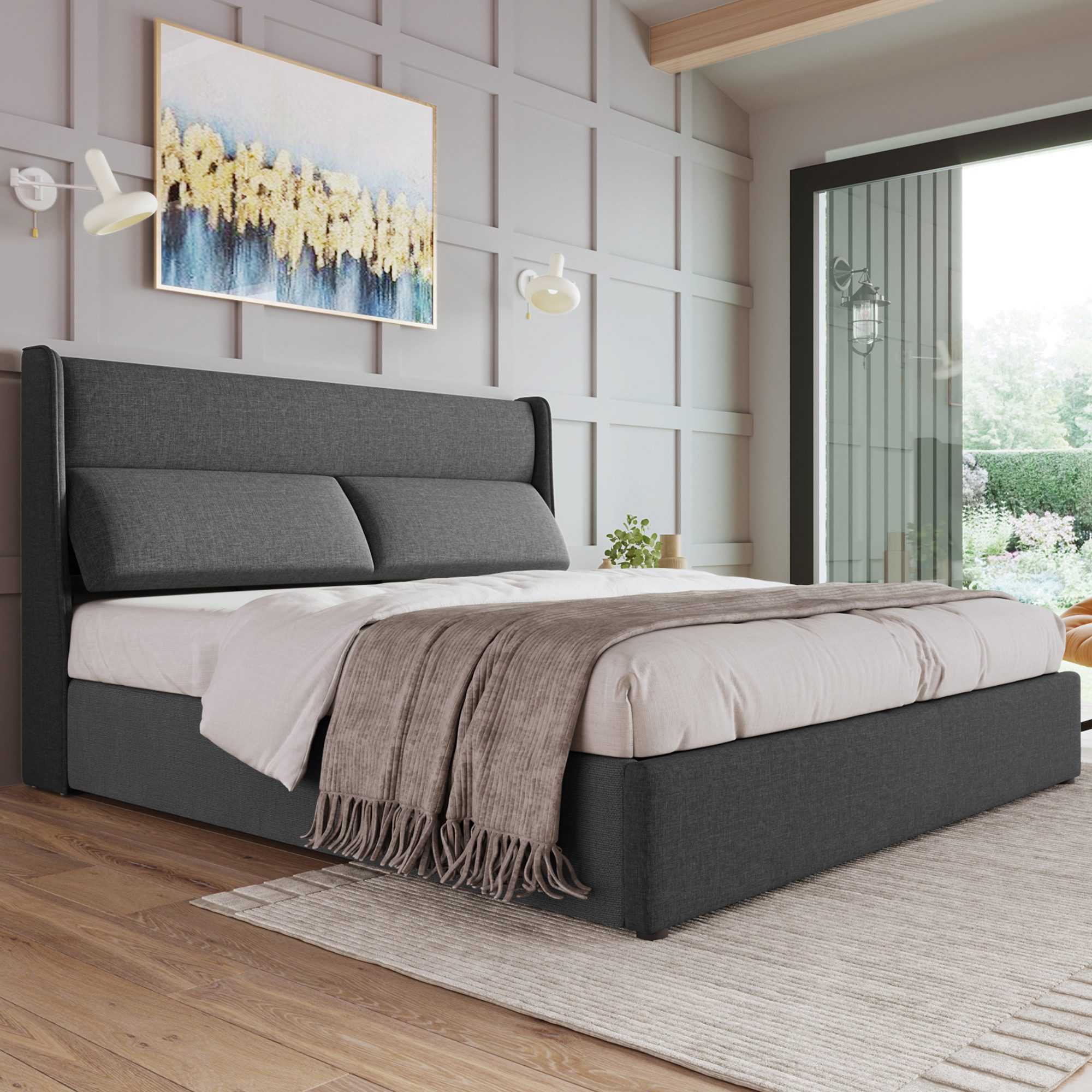 TavilaEcon Boxspringbett mit verstellbarem Kopfteil und Bettkasten – Doppelbett, Grau, aus Leinenmaterial mit Lattenrost, 180x200cm – Bild 3 von 5