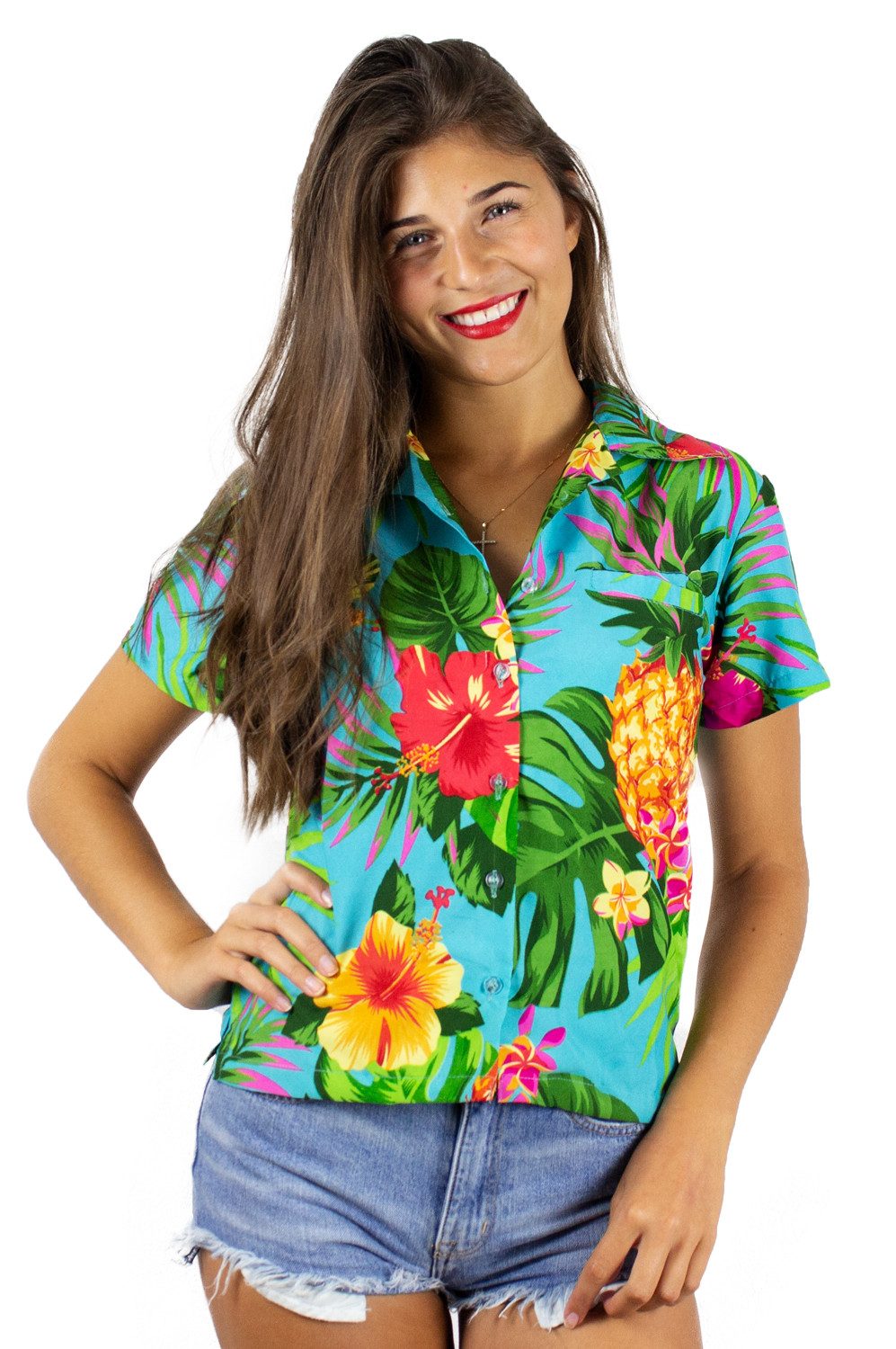 King Kameha Hawaiihemd Pineapple Funky Hawaiibluse Damen Kurzarm Front-Tasche Stylish
