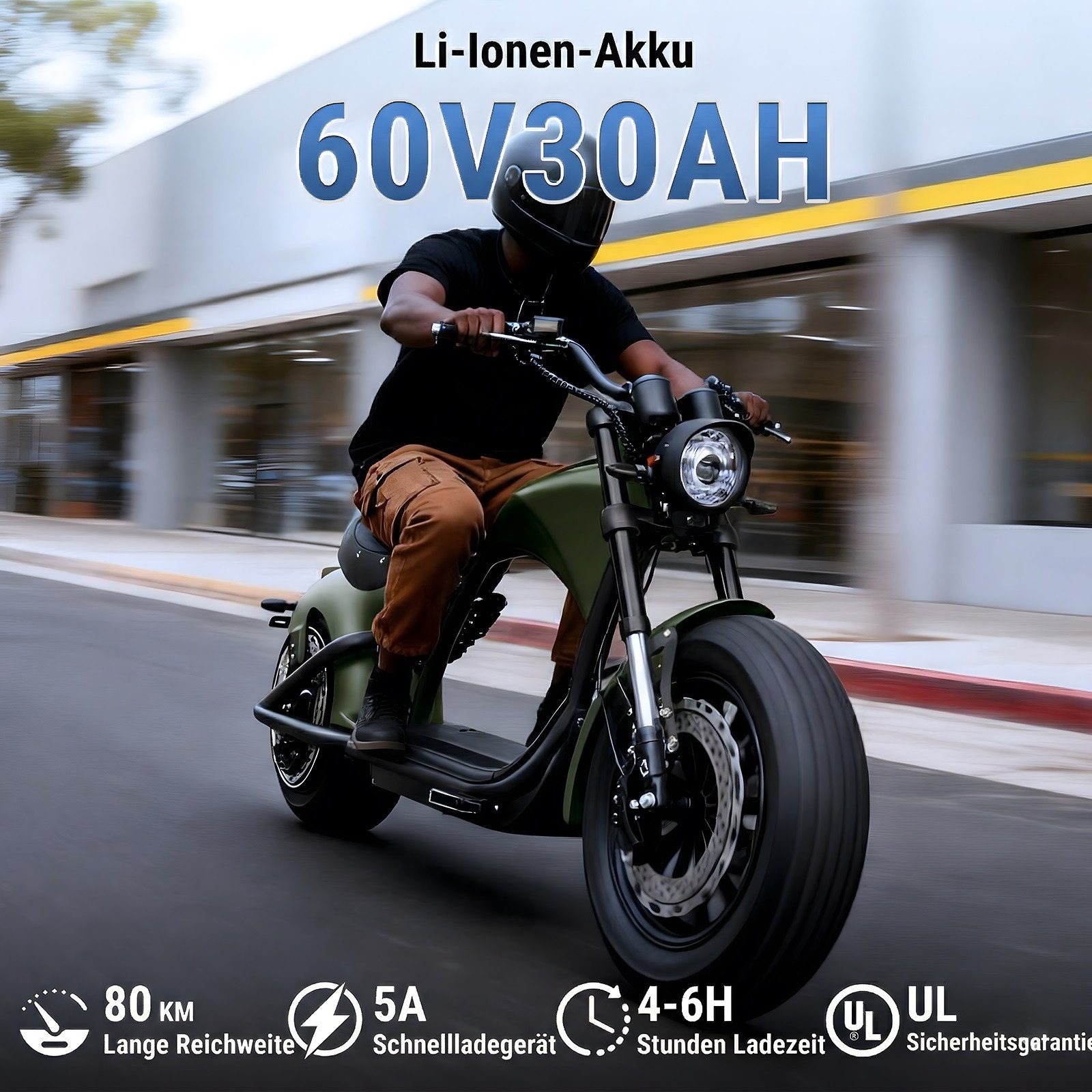 Vankel E-Motorroller M1P E-Chopper 2000W, 1800Wh, 80km Reichweite, Retro-Elektro-Scooter, 2000 W, 45 km/h, Straßenzugelassener E-Chopper für Stadt & Freizeit, & 200kg Zuladung