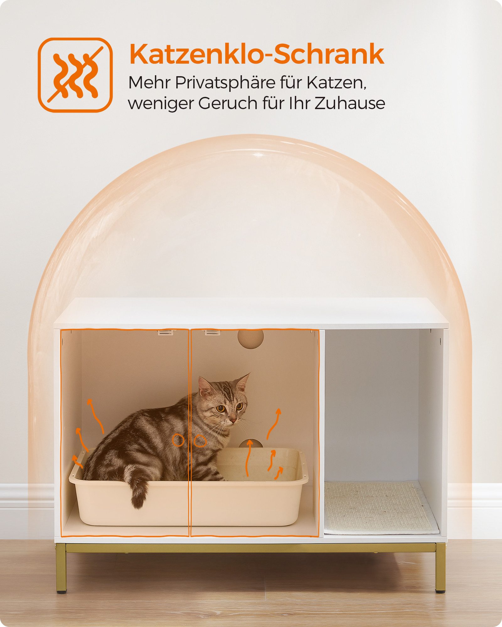 FEANDREA Katzentoilette Katzenklo-Schrank, Katzenhaus, Beistelltisch, 80 x 50 x 55 cm, mit Kratzmatte, hohe Beine, für Katzen, weiß-goldfarben