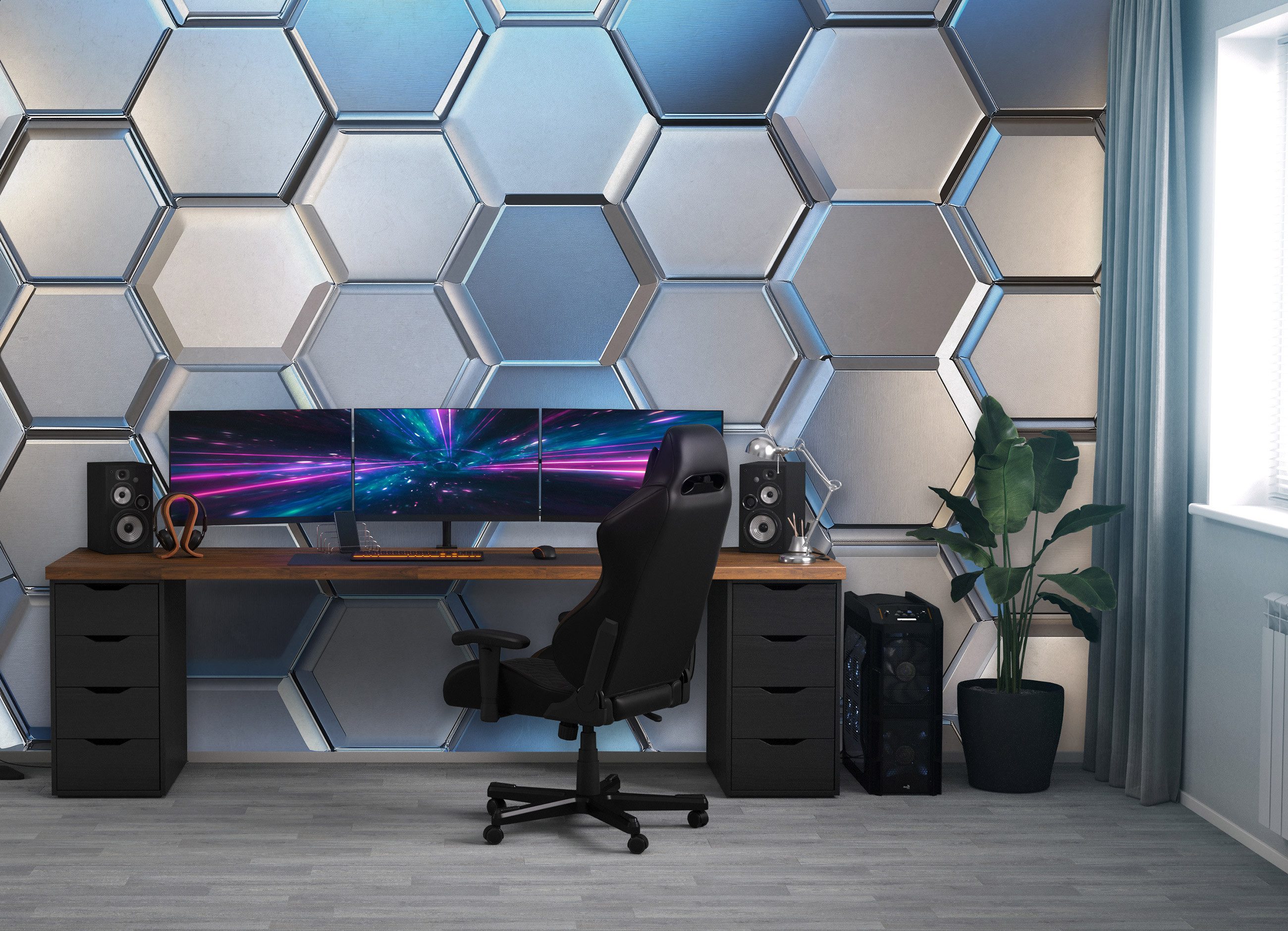 Wallarena Fototapete Vlies Junge Hexagone Gaming Blau Kinderzimmer 400x280 cm, glatt, 400 x 280 cm