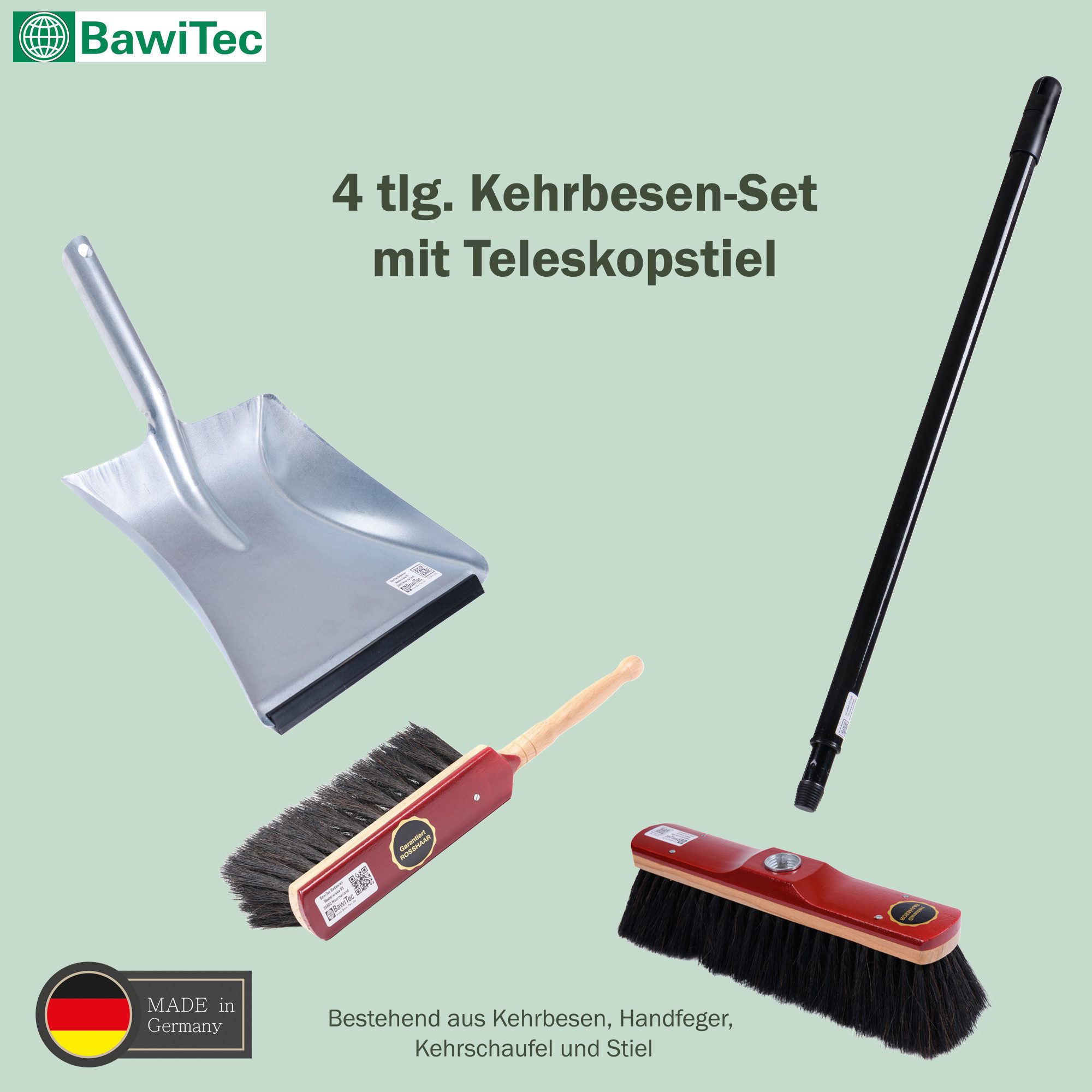 BawiTec Kehrgarnitur Echt Rosshaar Kehrset 4-teilig mit Teleskopstiel und Kehrschaufel, glatte Böden, (Komplett-Set, 4-tlg), Echt-Rosshaar-Borsten – Bild 2 von 5