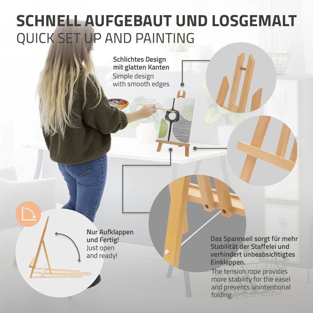 ECD Germany Standstaffelei Tischstaffelei zum Malen für Leinwänden und Keilrahmen, Tischstaffelei aus Holz klappbar mit H-Rahmen ‎22x14x40,5cm