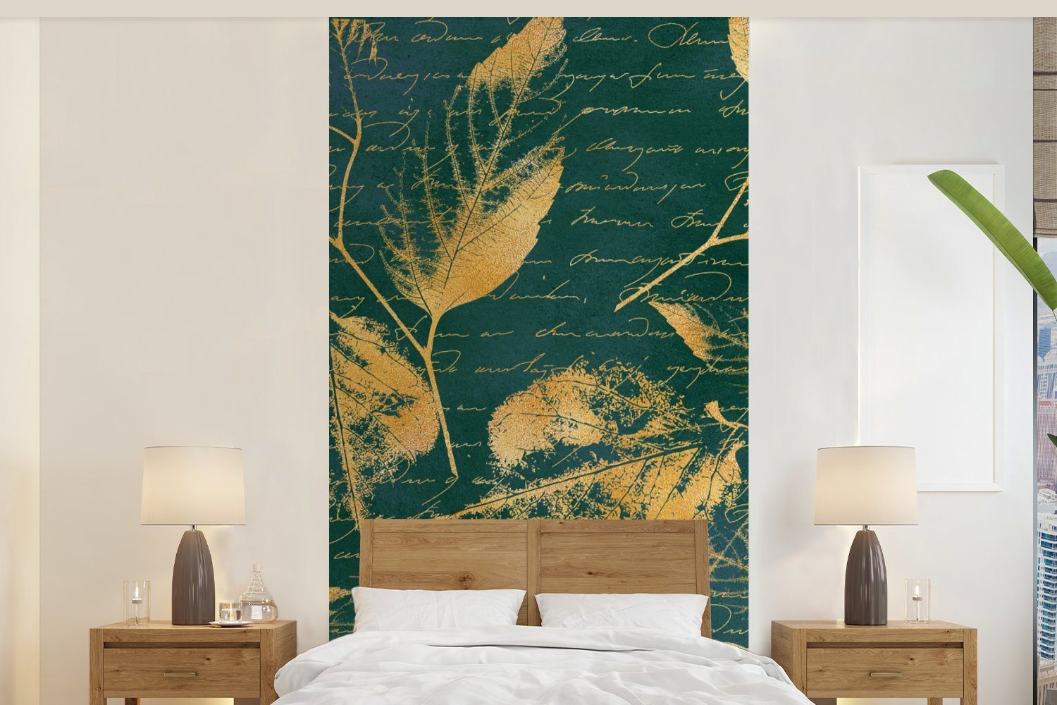 MuchoWow Fototapete Blätter - Gold - Grün, Matt, bedruckt, (2 St), Vliestapete für Wohnzimmer Schlafzimmer Küche, Fototapete
