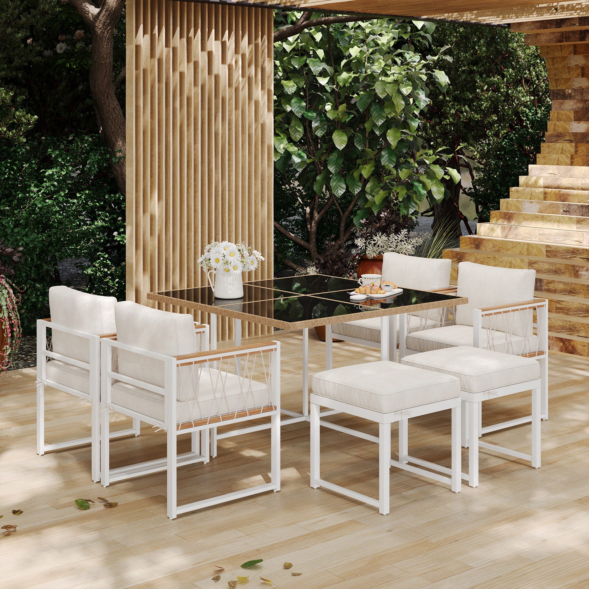 LVHOM Gartenlounge-Set Gartenmöbel Set für 4-6 Personen, Garten-Essgruppe Balkonset, (Vier Stühle + zwei Hocker + ein Tisch, atmungsaktiv, wasserdicht, wetterbeständig, abnehm-/waschbare Stoffbezüge, bis zu 150kg (Tisch/Stühle), geeignet für Zusammenkünfte im Freien, Terrassen, Balkone und Patios
