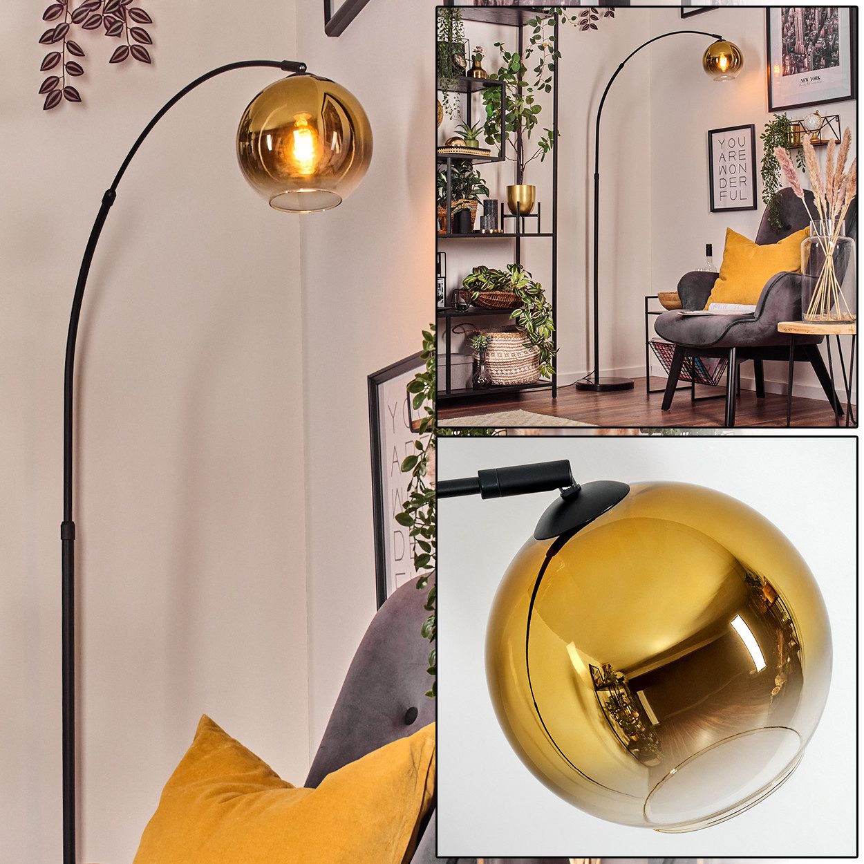 Stehlampe Stehlampe aus Metall/Glas in Schwarz/Gold/Klar mit Marmorfuß