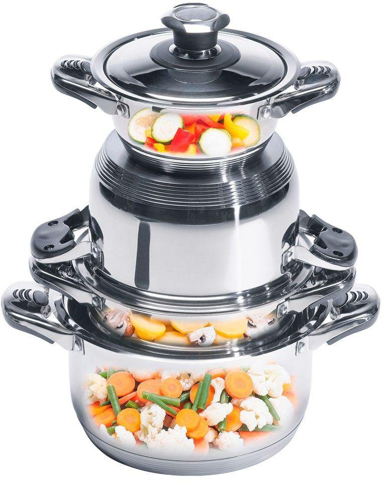 CS Koch-Systeme Topf-Set Aurich, Edelstahl (Set, 16-tlg., Bratentopf 16/20/24cm, Stieltopf 16cm, Pfanne 24cm, Einsatz, Schüssel), 16-teilig, Induktion