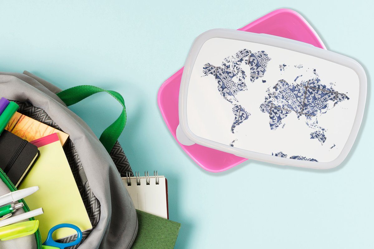 Kunststoff, MuchoWow - Blau Snackbox, Delfter Lunchbox Kunststoff Brotdose Brotbox rosa (2-tlg), Mädchen, Kinder, Weiß, - für Weltkarte Erwachsene,