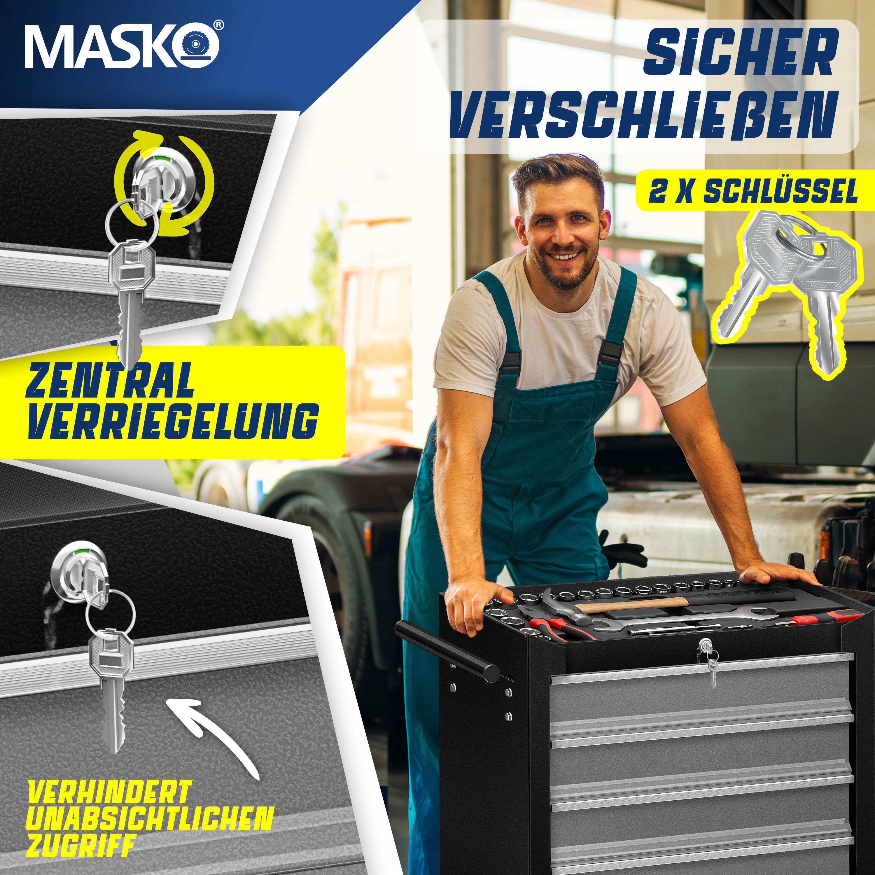 MASKO Werkstattwagen Profi Werkzeugwagen mit 5 Schubladen, abschließbar, massives Metall, 5 Fächer Grau, max. Traglast:150 kg, Rollwagen zur Werkzeugaufbewahrun – Bild 5 von 5