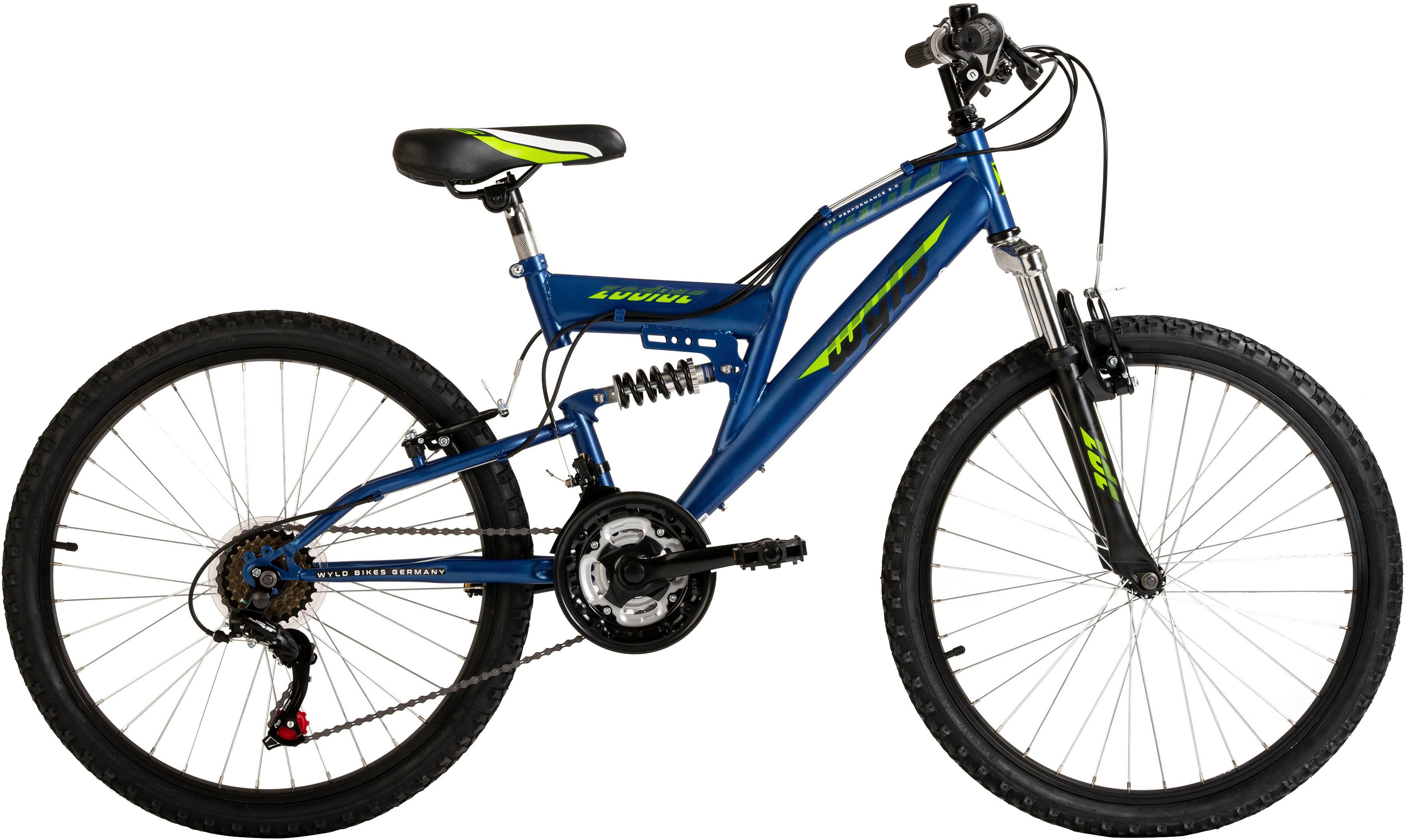 WYLD Kinderfahrrad Kinder-Mountainbike Fully 24'' Zodiac blau 18 Gänge RH 38 cm, 18 Gang, Kettenschaltung